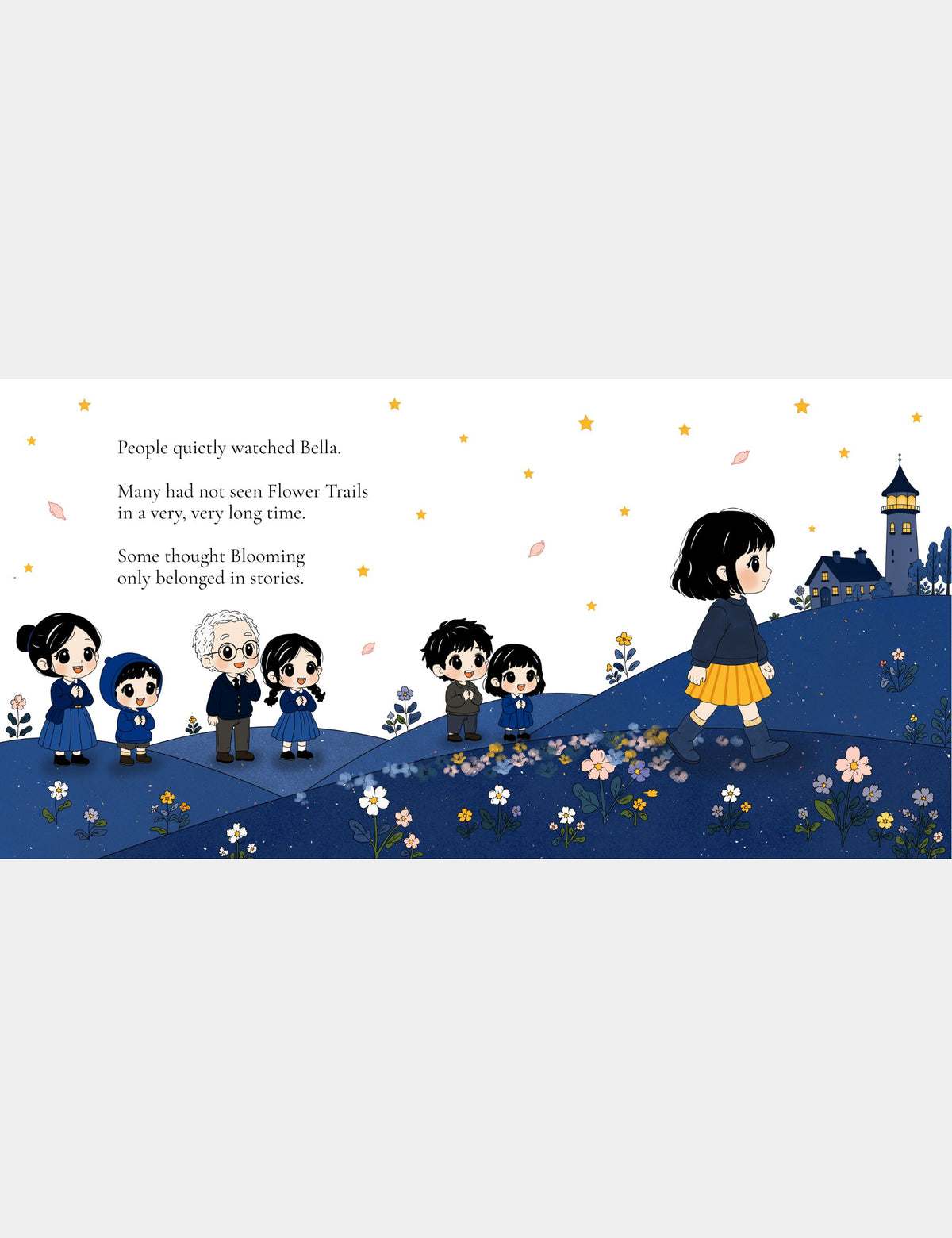 Illustration from Bella the Sunshine Girl by Casey Huang showing children and adults watching Bella leave a colorful Flower Trail as she walks across Big Blue.