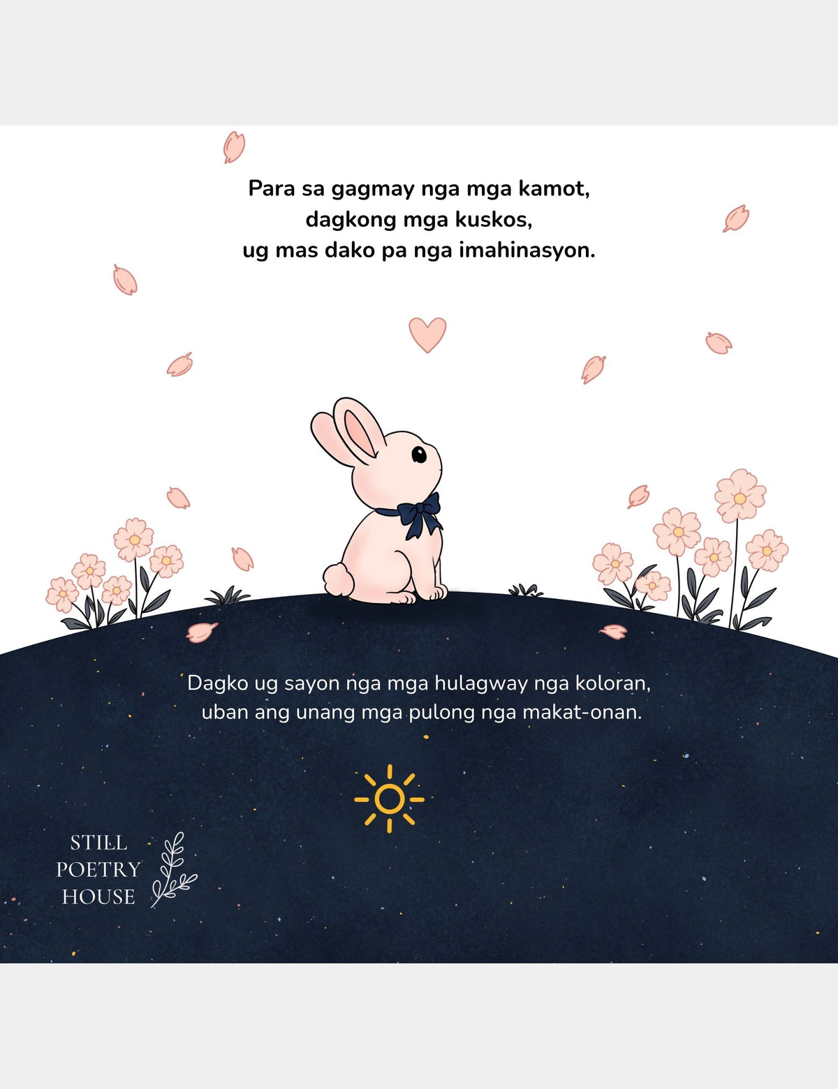 Back cover of Casey Huang’s Bella the Sunshine Girl Cebuano coloring book featuring Bun in a flower garden with Cebuano text about little hands, big strokes, imagination, simple pictures to color, and first words to learn.