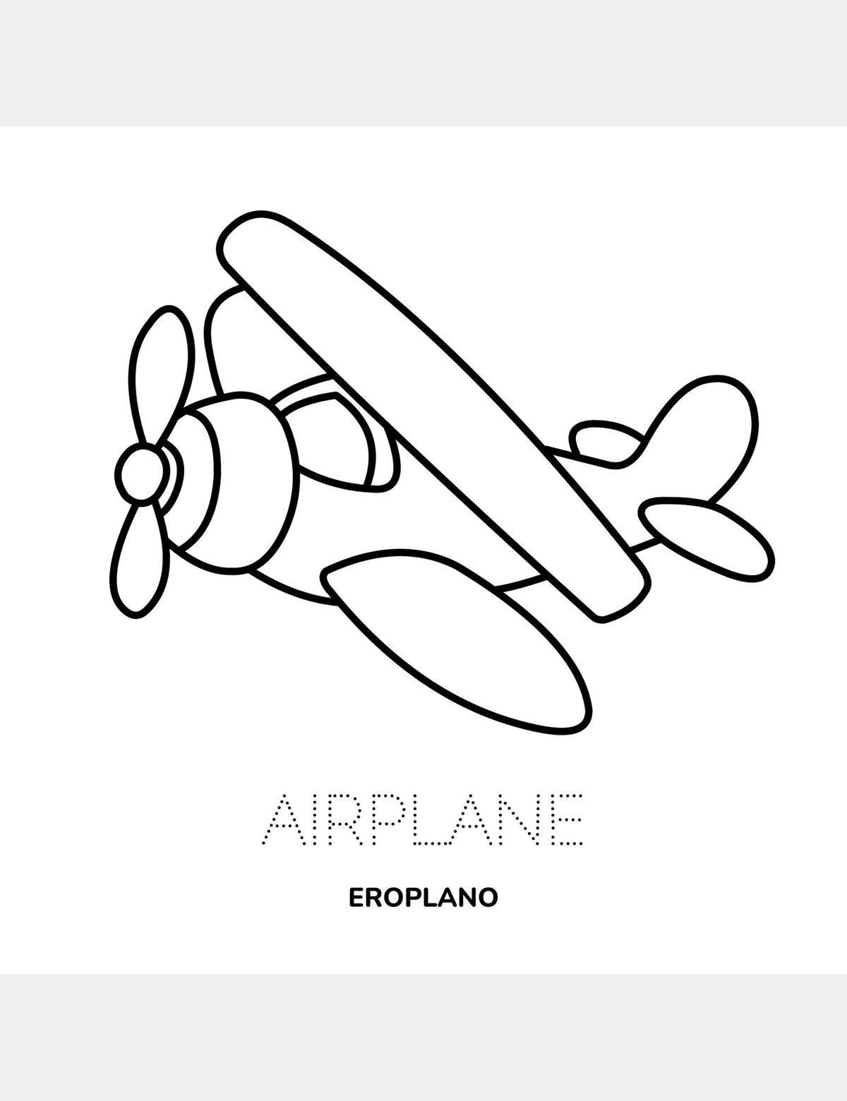 Airplane coloring page from Casey Huang’s Bella the Sunshine Girl featuring a large airplane illustration, the traceable English word “Airplane,” and the Cebuano word “Eroplano.”
