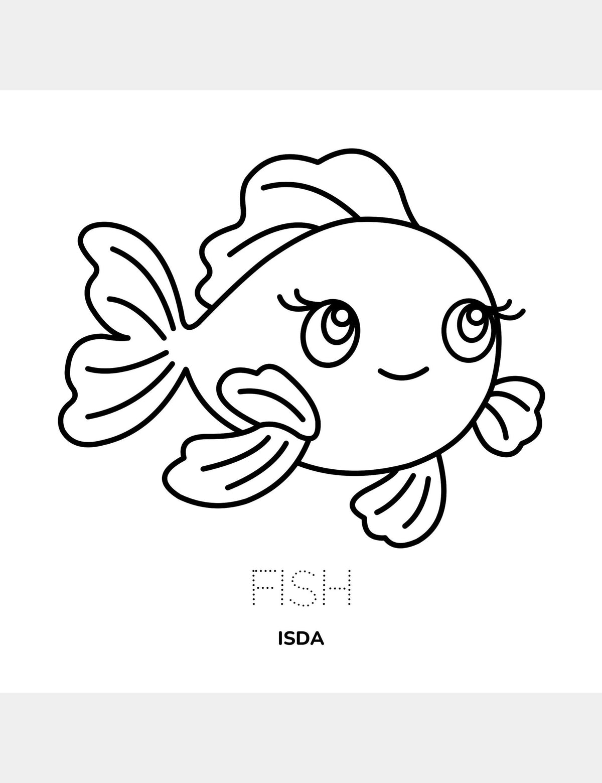 Fish coloring page from Casey Huang’s Bella the Sunshine Girl featuring a large fish illustration, the traceable English word “Fish,” and the Cebuano word “Isda.”