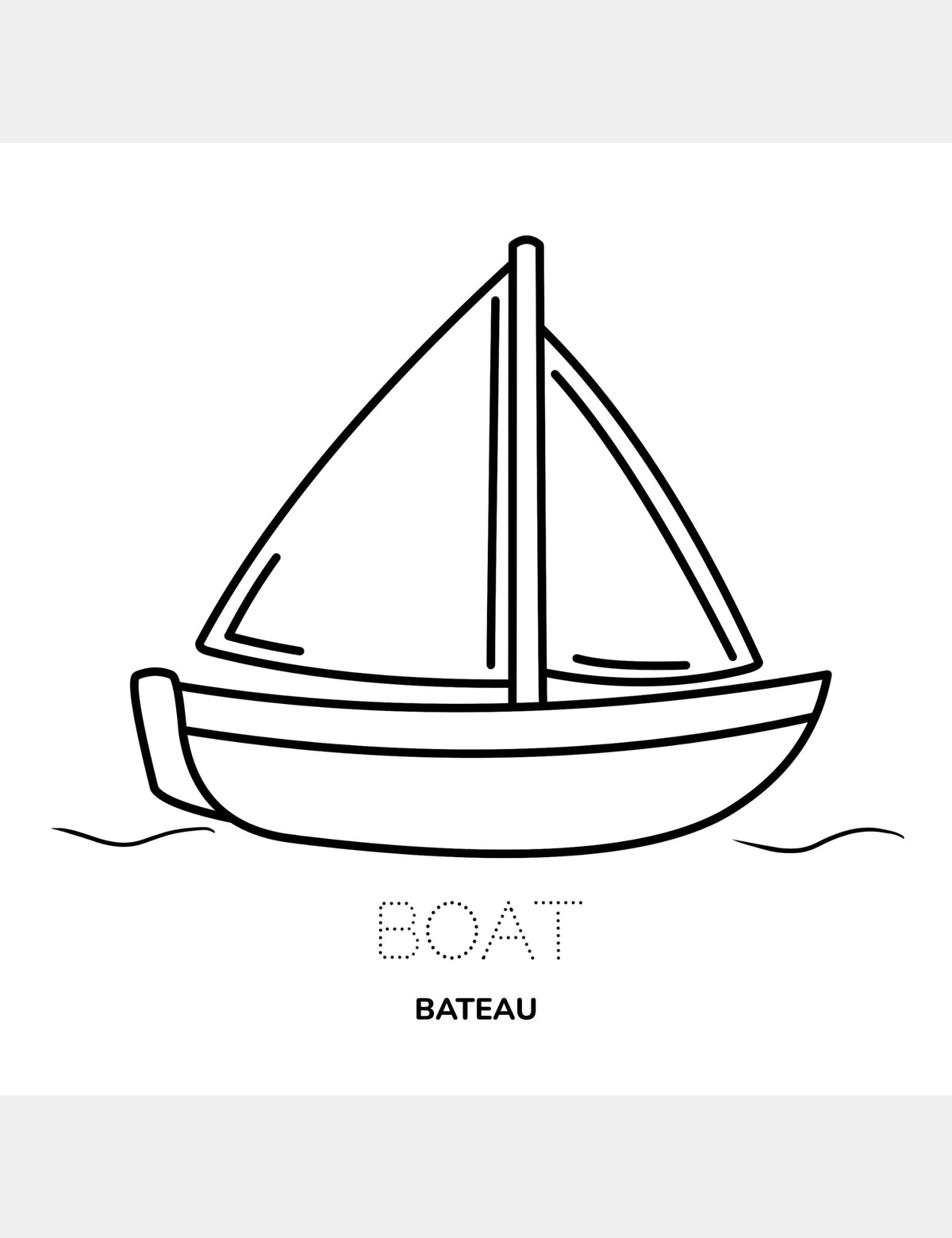 Boat coloring page from Casey Huang’s Bella the Sunshine Girl featuring a large boat, the traceable English word “Boat,” and the French word “Bateau.”