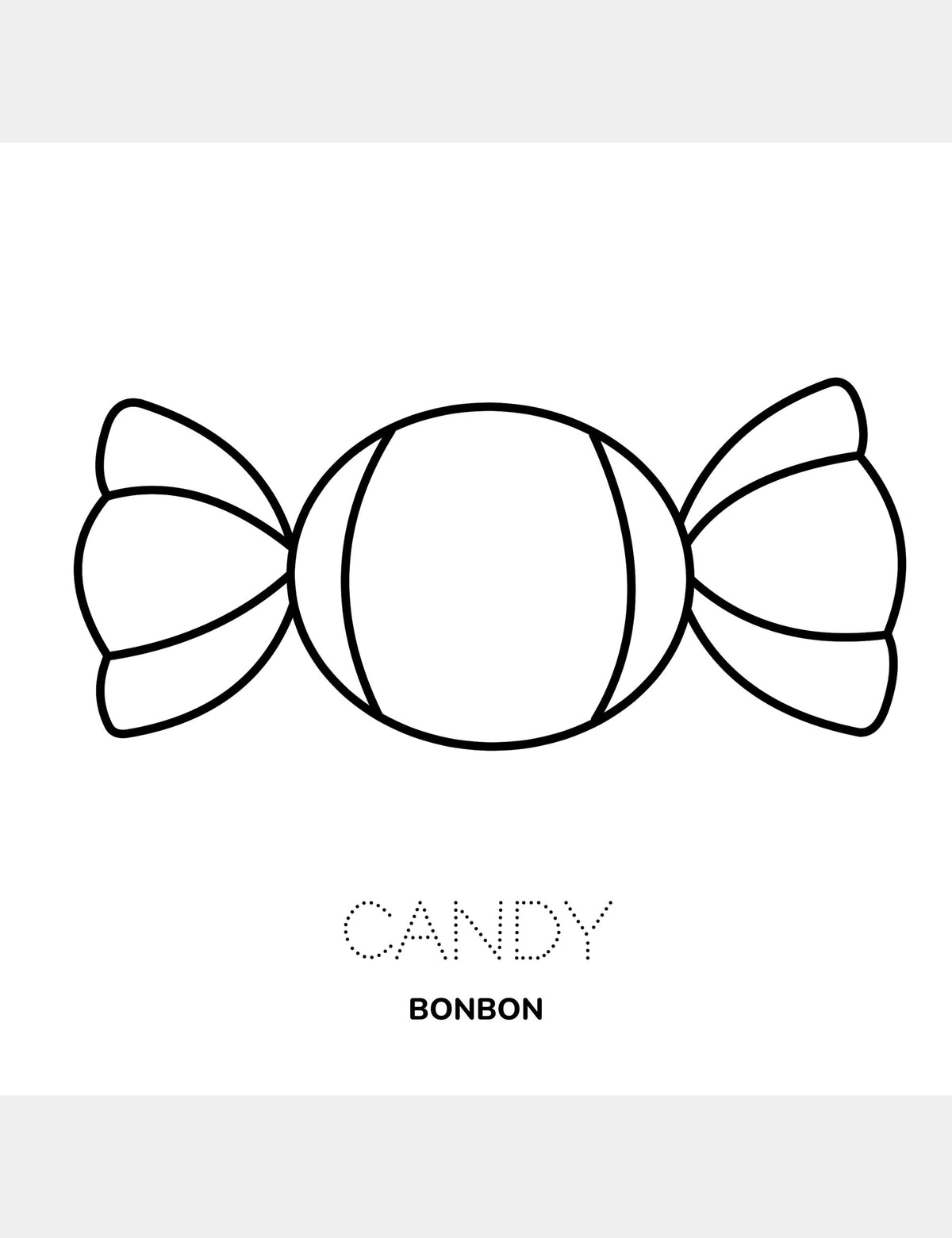Candy coloring page from Casey Huang’s Bella the Sunshine Girl featuring a large wrapped candy, the traceable English word “Candy,” and the French word “Bonbon.”