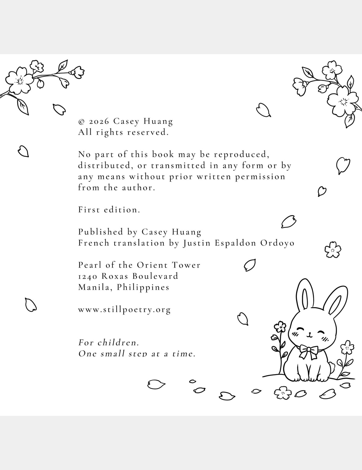 Copyright page of Casey Huang’s Bella the Sunshine Girl French coloring book, created and published by Casey Huang, with French translation by Justin Espaldon Ordoyo.