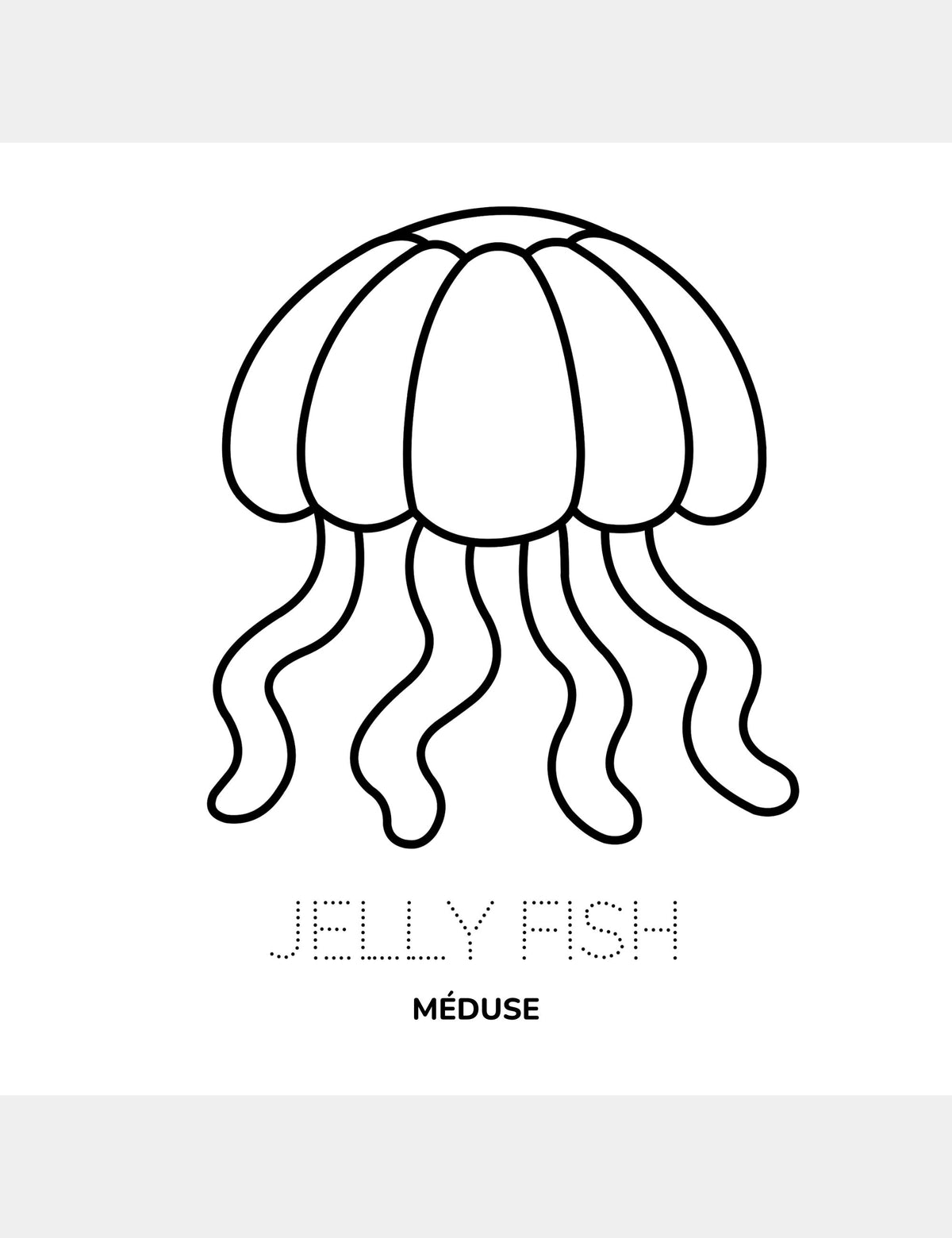 Jellyfish coloring page from Casey Huang’s Bella the Sunshine Girl featuring a large jellyfish illustration, the traceable English word “Jellyfish,” and the French word “Méduse.”