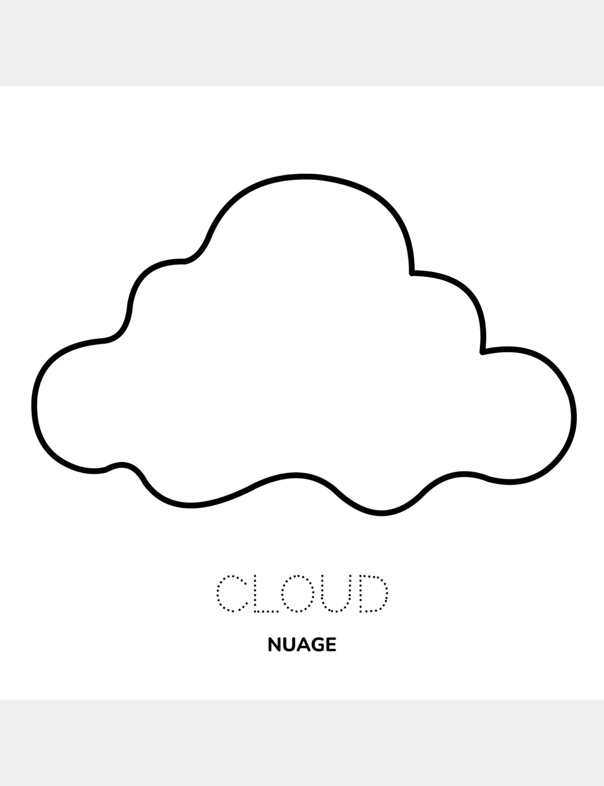 Cloud coloring page from Casey Huang’s Bella the Sunshine Girl featuring a large cloud illustration, the traceable English word “Cloud,” and the French word “Nuage.”