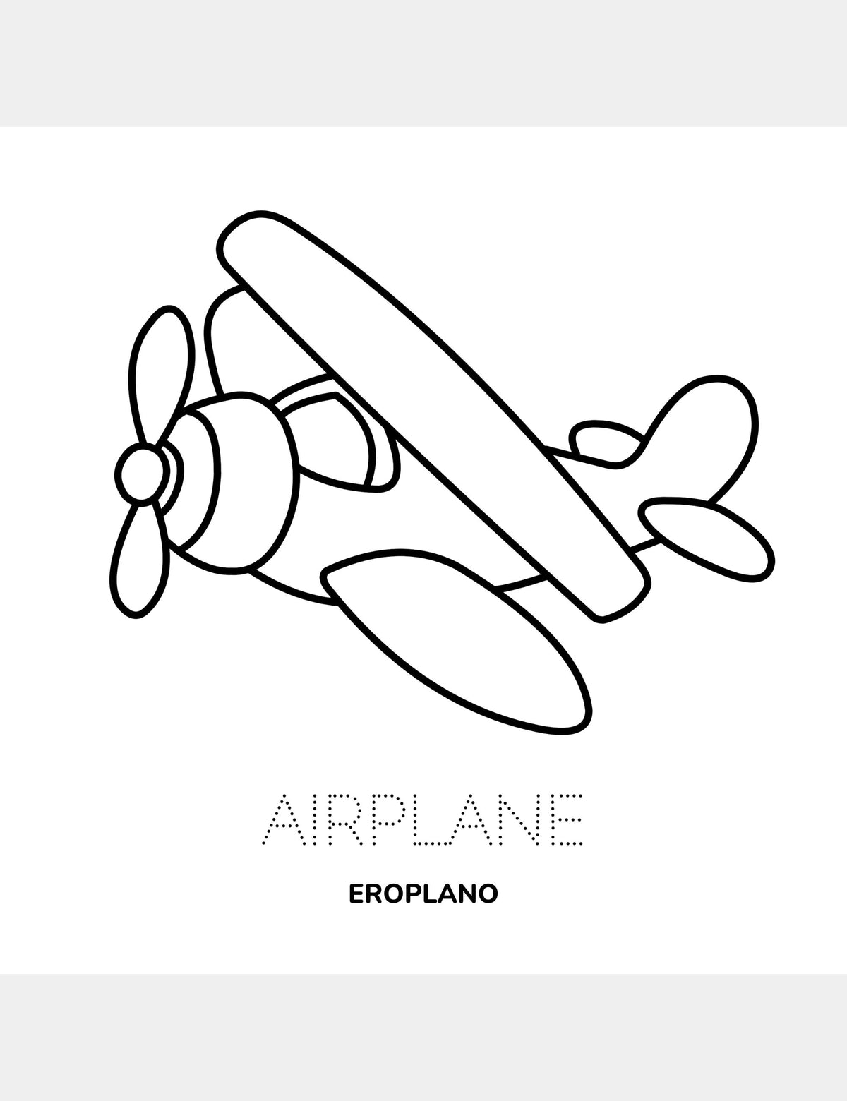 Eroplano coloring page from the Bella the Sunshine Girl Tagalog coloring book by Casey Huang, with a large airplane to color, the traceable English word Airplane, and the Tagalog word Eroplano.