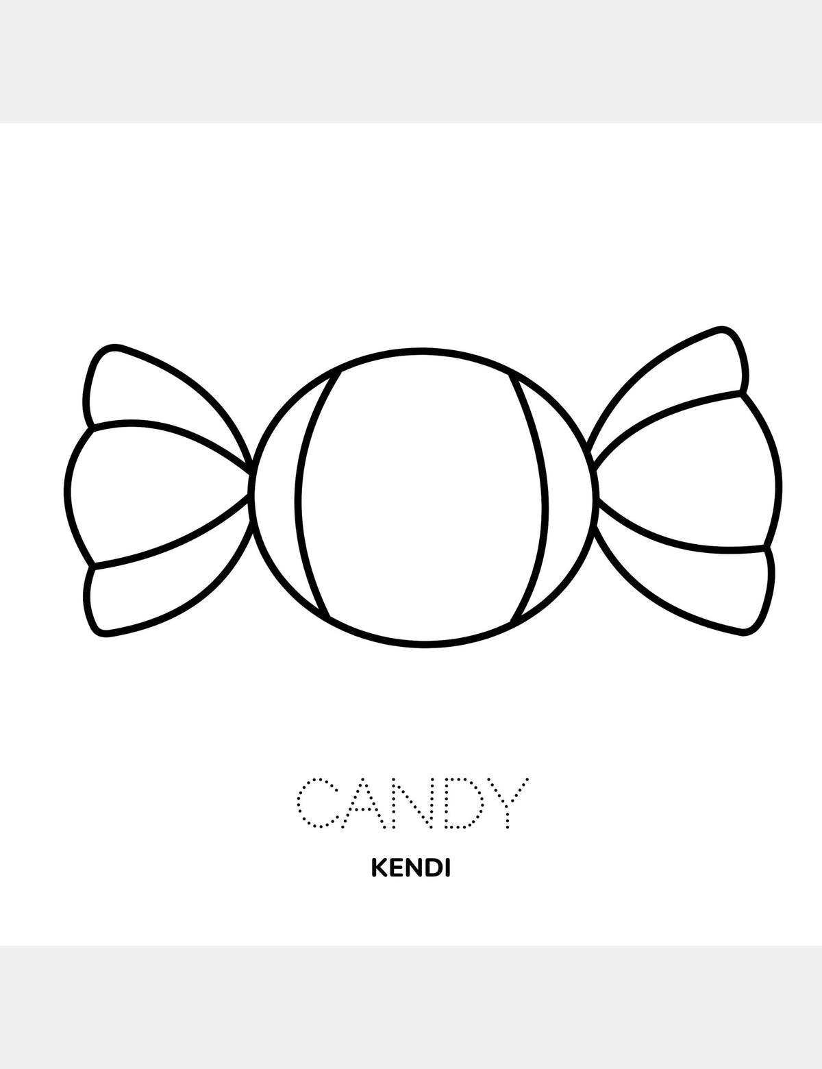 Kendi coloring page from the Bella the Sunshine Girl Tagalog coloring book by Casey Huang, featuring a large wrapped candy to color with the traceable English word Candy and the Tagalog word Kendi.