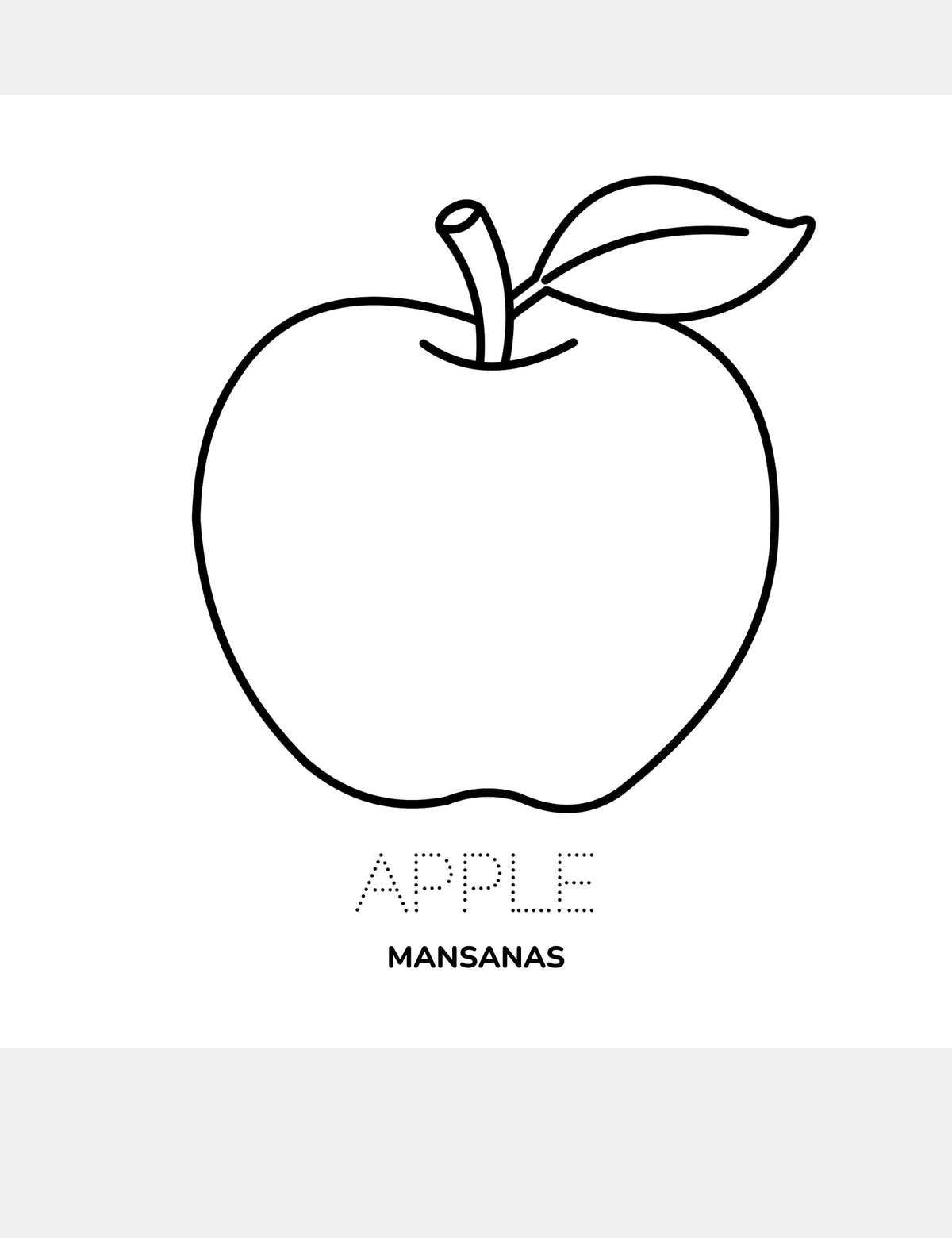 Mansanas coloring page from the Bella the Sunshine Girl Tagalog coloring book by Casey Huang, featuring a large apple to color with the traceable English word Apple and the Tagalog word Mansanas.