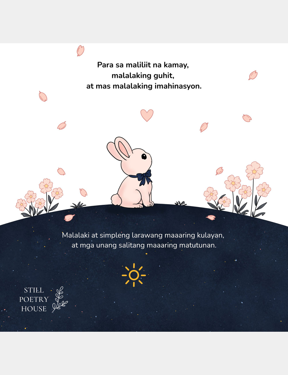 Tagalog back cover of the Bella the Sunshine Girl coloring book by Casey Huang, featuring Bun among pink flowers with Tagalog text about little hands, big strokes, imagination, coloring, and first words.