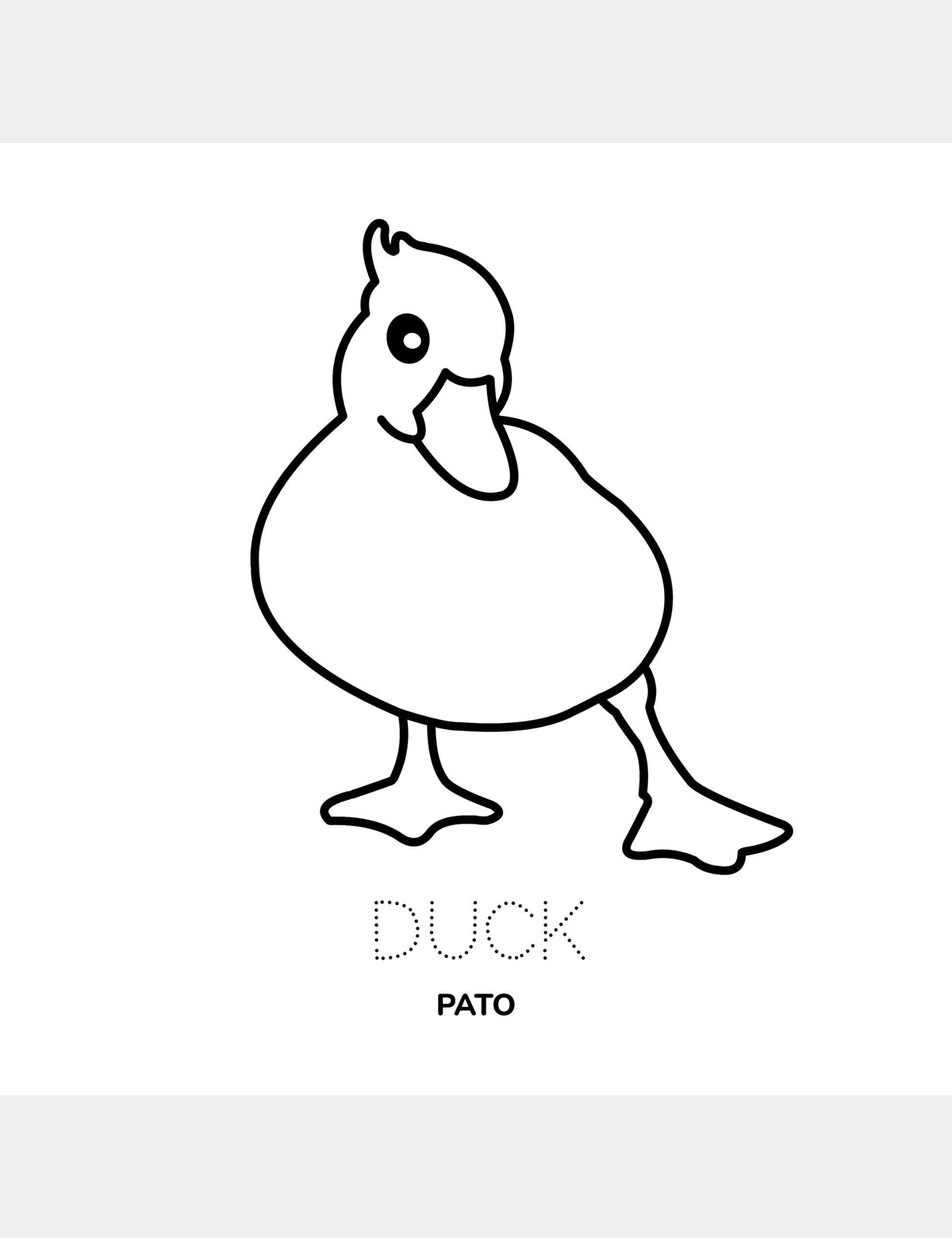 Pato coloring page from the Bella the Sunshine Girl Tagalog coloring book by Casey Huang, featuring a large duck to color with the traceable English word Duck and the Tagalog word Pato.