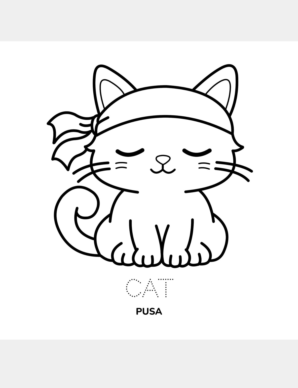 Pusa coloring page from the Bella the Sunshine Girl Tagalog coloring book by Casey Huang, featuring a large cat wearing a headband to color with the traceable English word Cat and the Tagalog word Pusa.