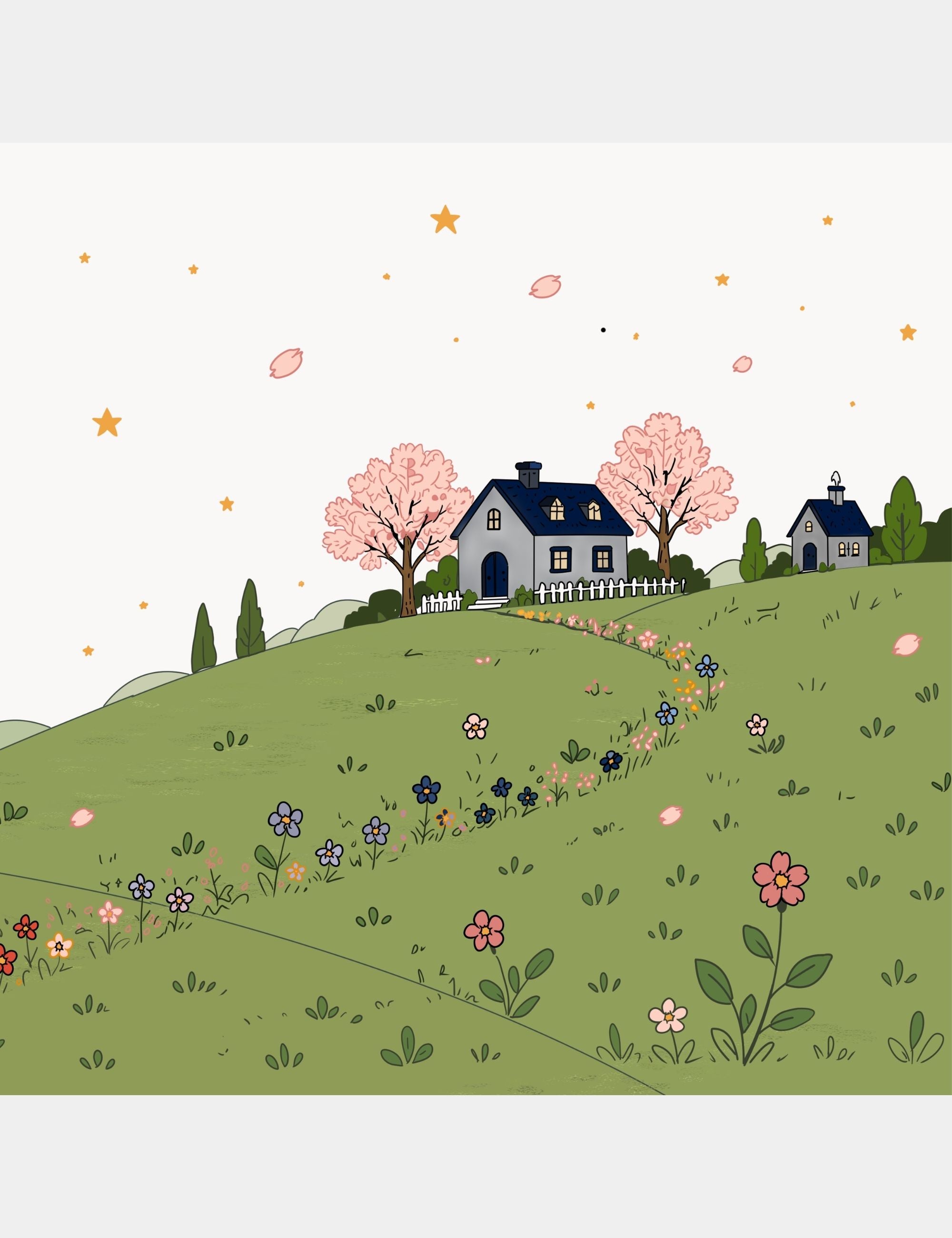 Children’s story artwork by Casey Huang showing winding Flower Trails across soft green hills with blooming flowers, pastel skies, and quiet homes from Bella the Sunshine Girl.