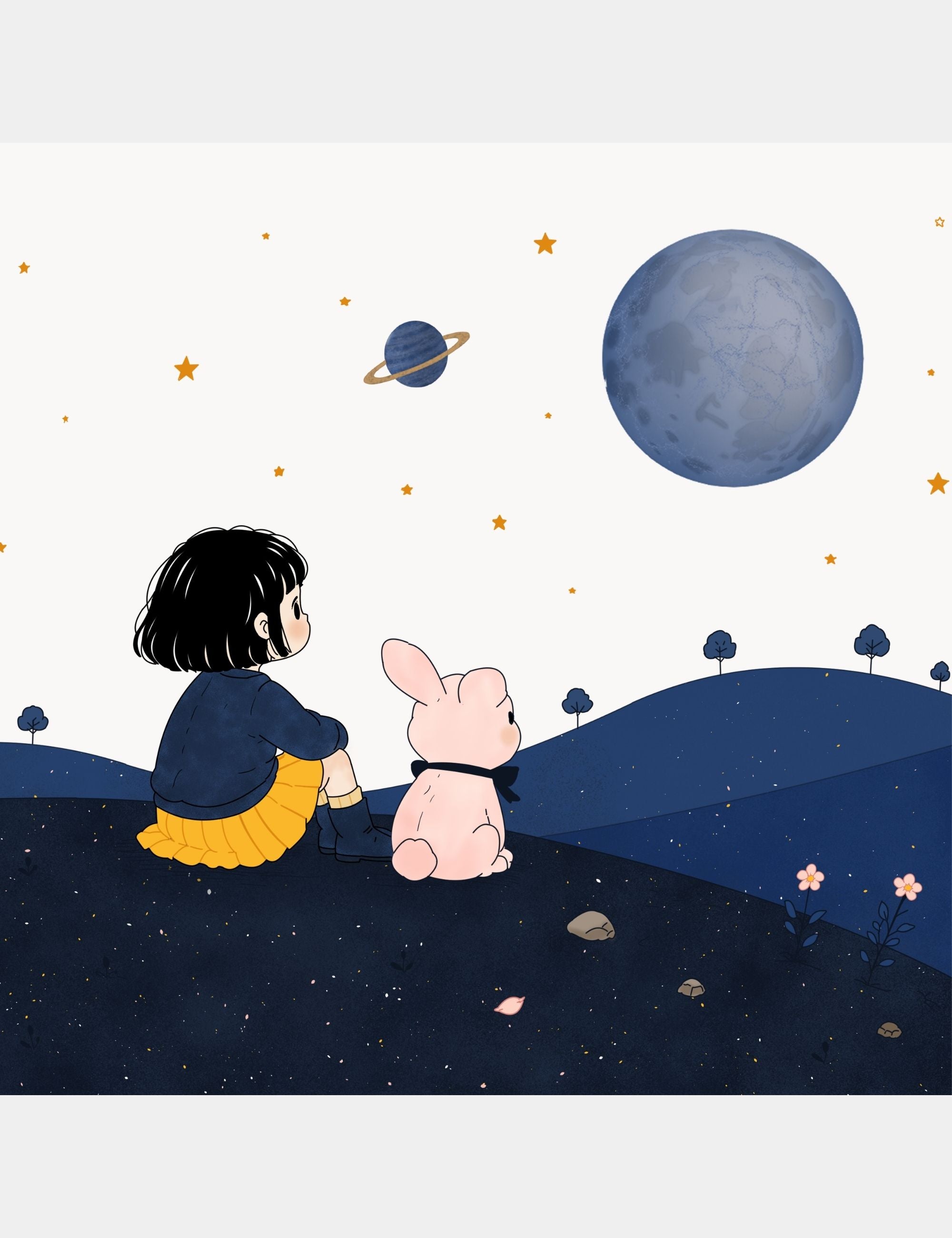 Illustrated preview scene from Bella the Sunshine Girl featuring Bella and Bun sitting together beneath a dreamy night sky on the planet Big Blue, surrounded by stars, blue hills, and soft emotional storytelling imagery.