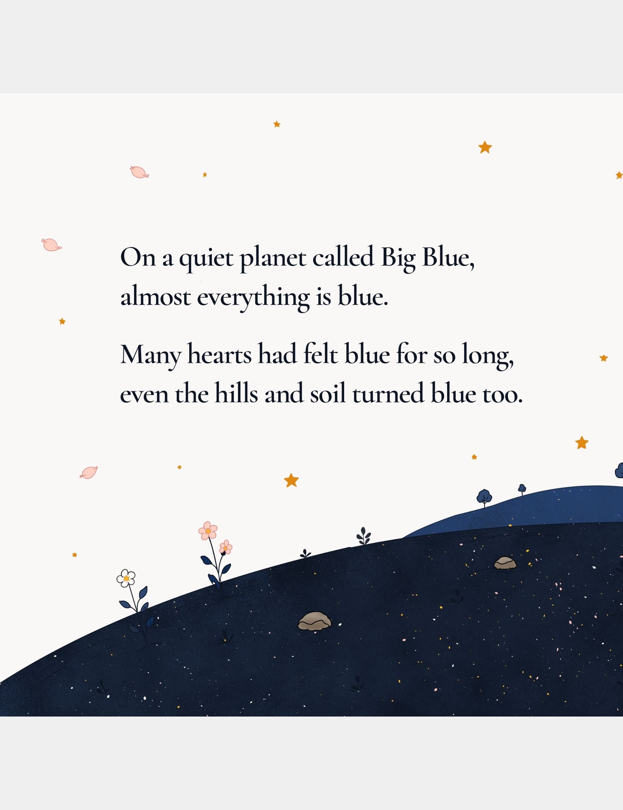 Illustrated preview page from Bella the Sunshine Girl featuring the introduction to Big Blue, a gentle world with blue hills, soft stars, and emotional storytelling about sadness, hope, and courage.