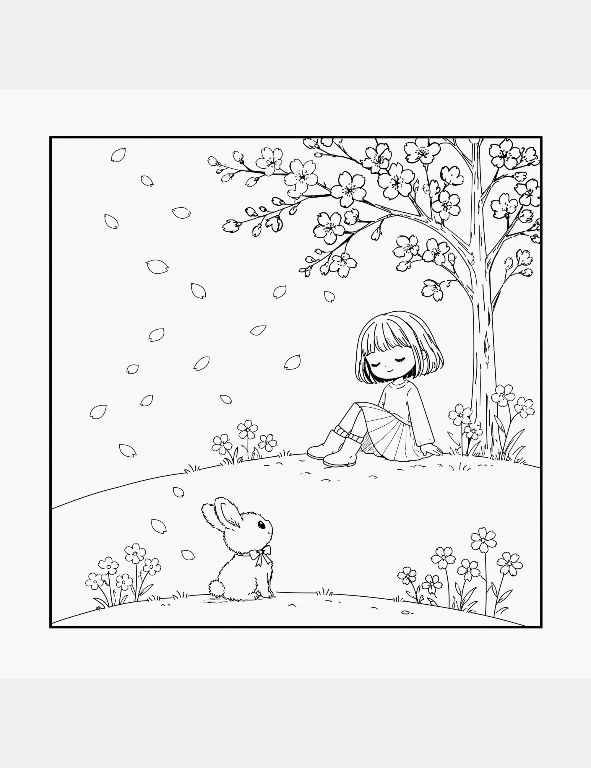 A peaceful spring-themed children’s coloring page showing Bella and Bun beneath a flowering tree with drifting petals, soft outdoor scenery, and calming illustrations designed for quiet creative time.