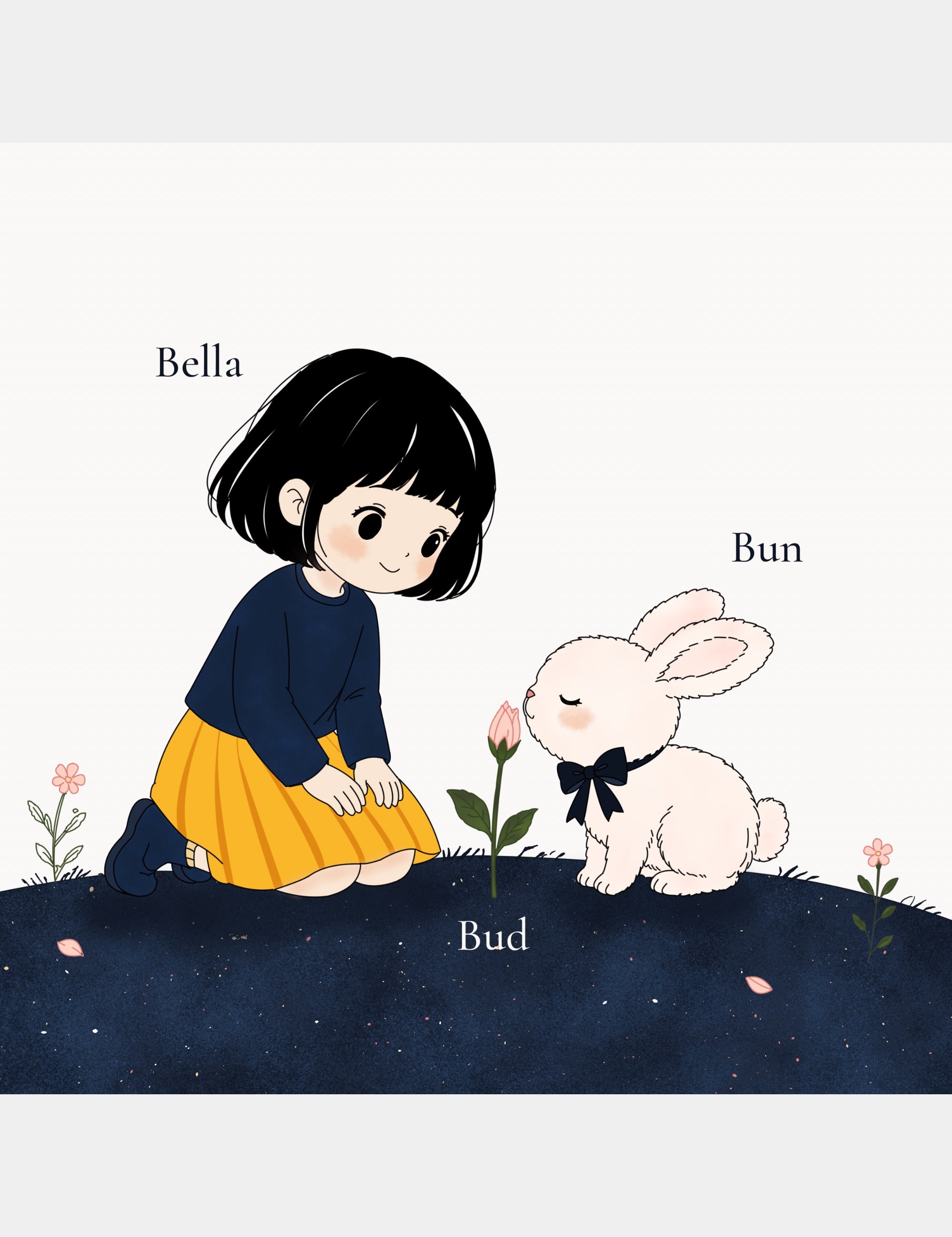 Preview page from Bella the Sunshine Girl: ABC Book by Casey Huang featuring Bella and Bun beside a flower bud during a calm alphabet learning moment.