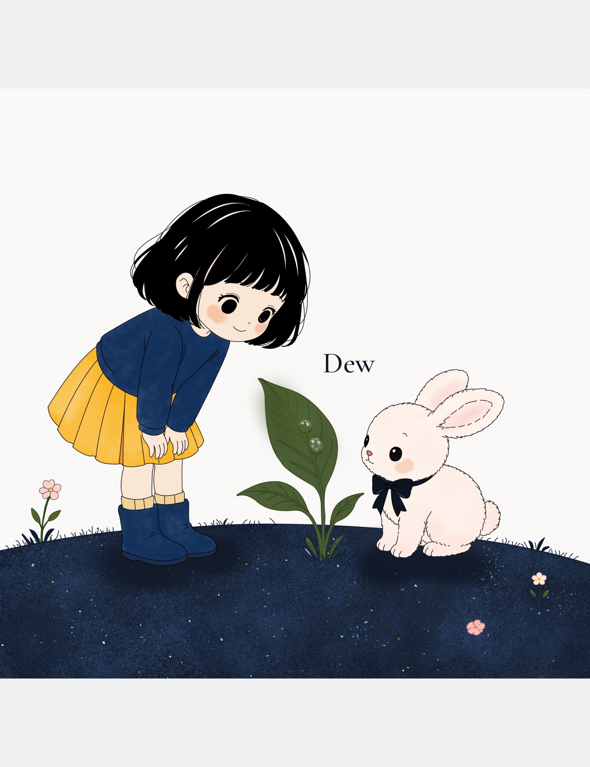 Preview page from Bella the Sunshine Girl: ABC Book by Casey Huang featuring Bella and Bun discovering dew drops on a leaf during a calm early learning moment.