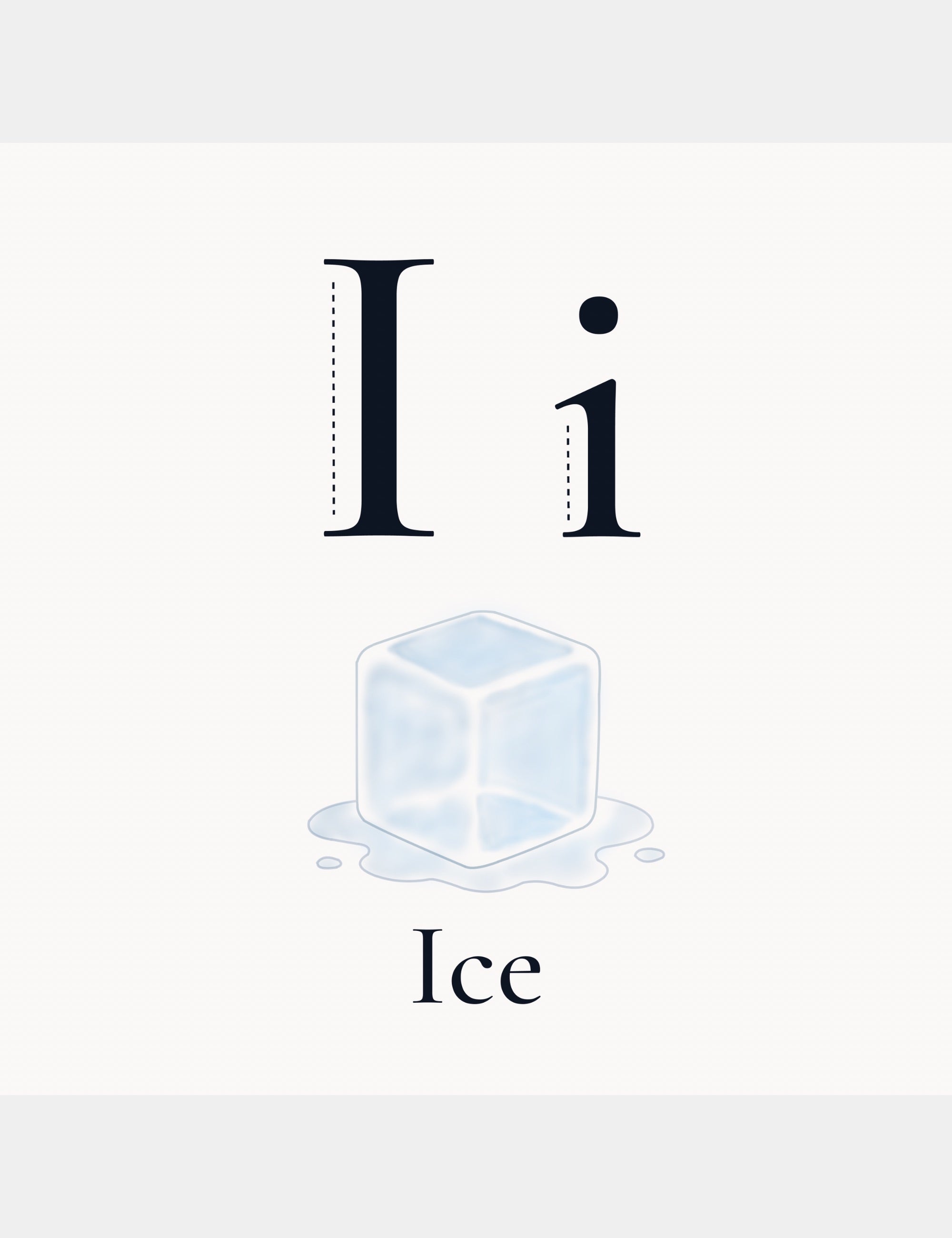 Minimal alphabet learning page from Bella the Sunshine Girl: ABC Book by Casey Huang featuring the letter I and a pastel illustration of ice.