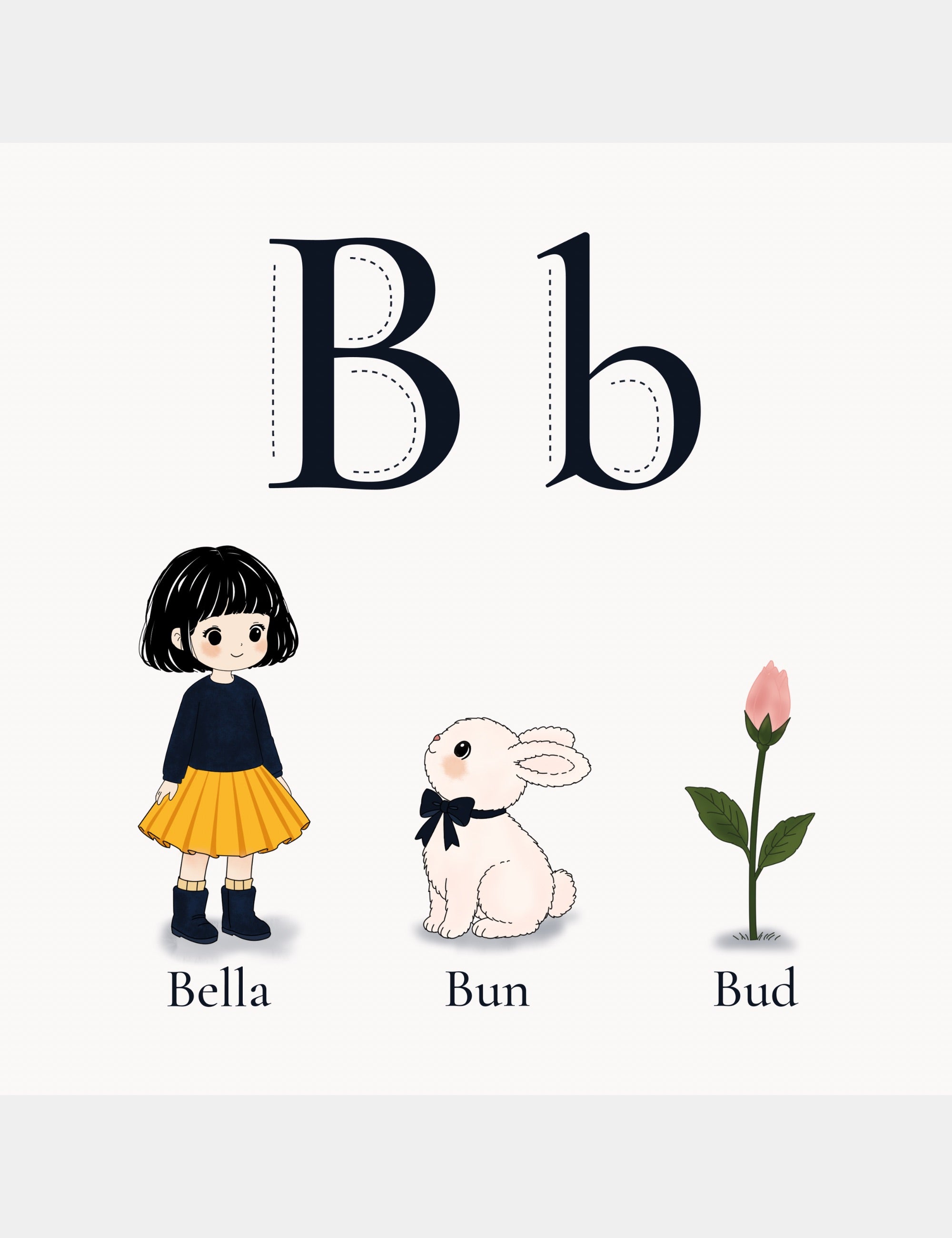 Preview page from Bella the Sunshine Girl: ABC Book by Casey Huang showing the letter B with Bella, Bun, and a flower bud during an early alphabet learning activity.