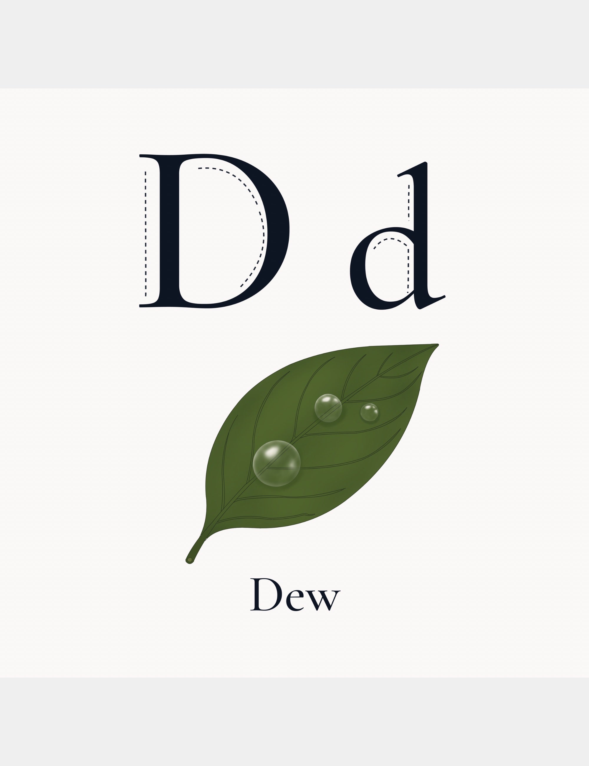 Preview alphabet page from Bella the Sunshine Girl: ABC Book by Casey Huang showing the letter D with dew drops on a leaf and the word Dew for early learning.