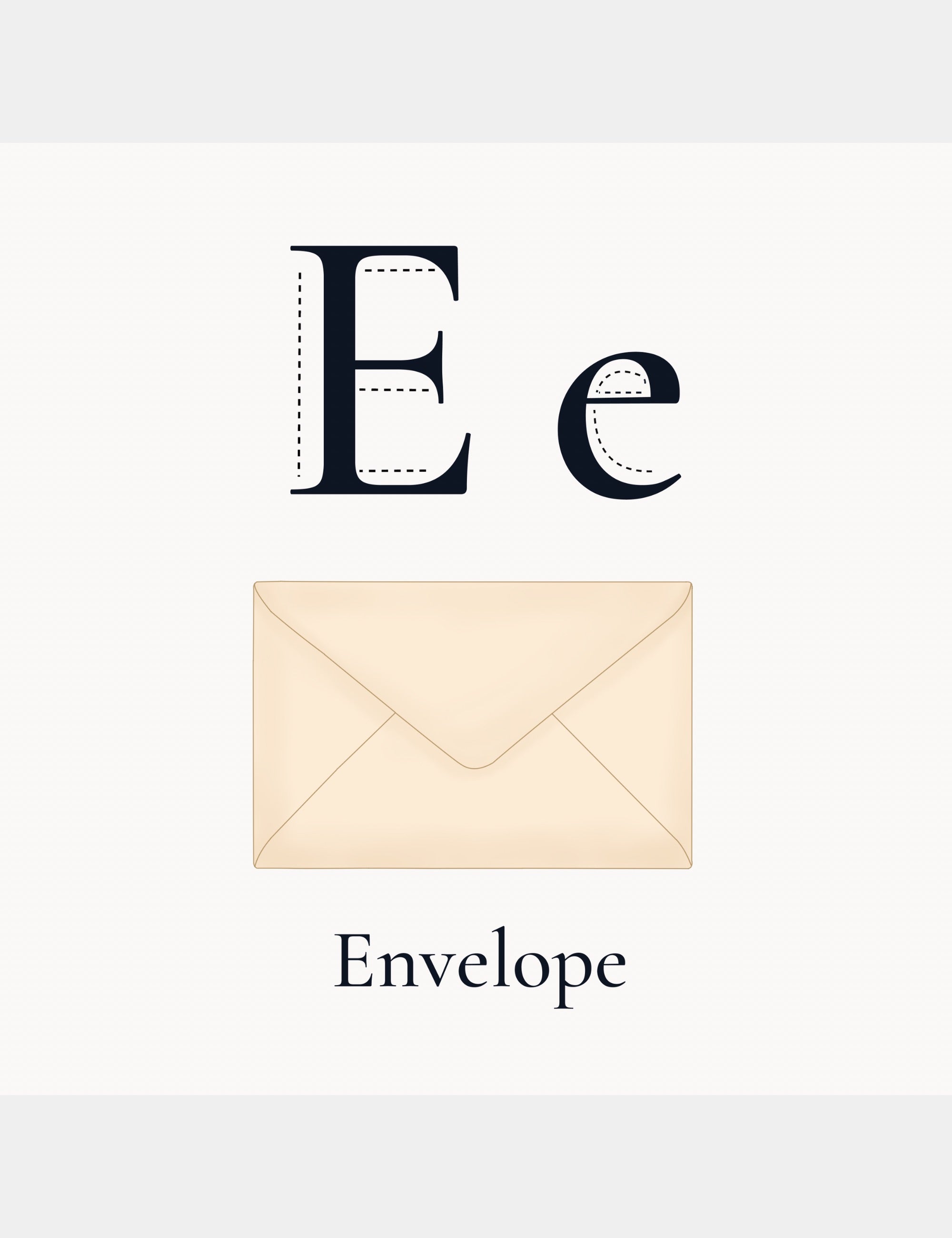 Preview alphabet page from Bella the Sunshine Girl: ABC Book by Casey Huang showing the letter E with an envelope illustration and the word Envelope for early learning.