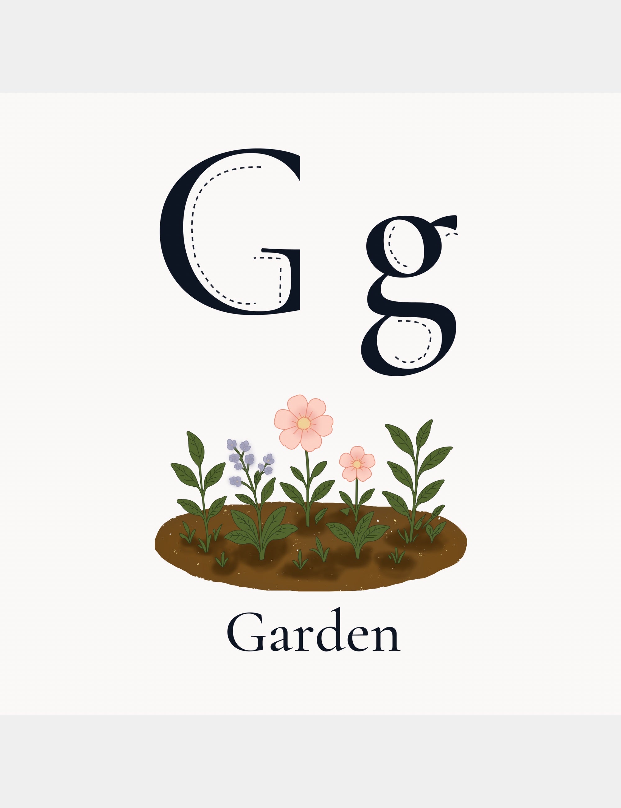 Preview alphabet page from Bella the Sunshine Girl: ABC Book by Casey Huang showing the letter G with a garden illustration and the word Garden for early learning.