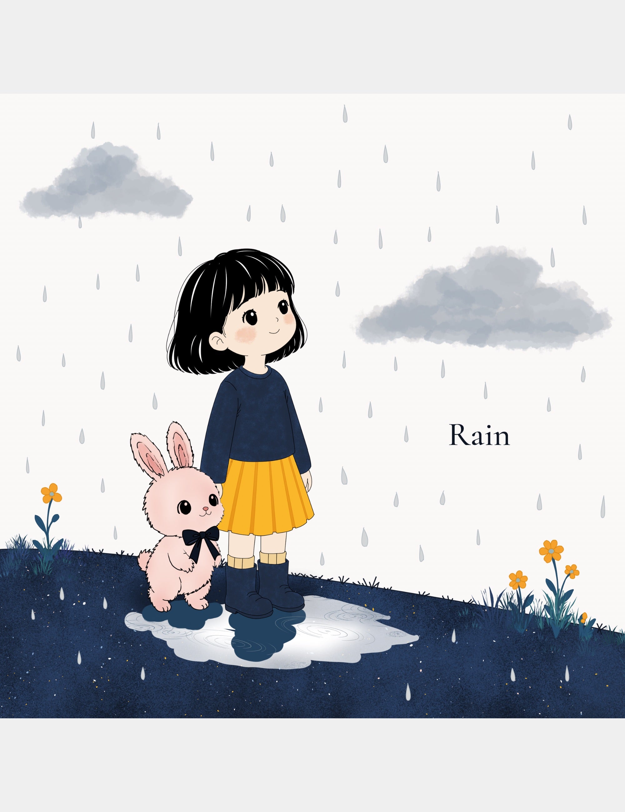 Preview illustration from Bella the Sunshine Girl: ABC Book by Casey Huang showing Bella and Bun enjoying the rain in a calm pastel children’s storybook scene.