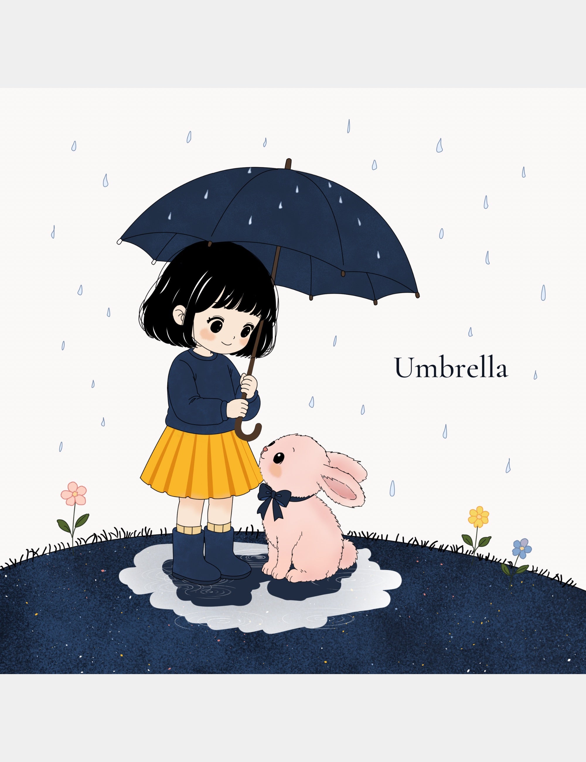 Preview illustration from Bella the Sunshine Girl: ABC Book by Casey Huang showing Bella and Bun sharing an umbrella in a soft rainy children’s storybook scene.