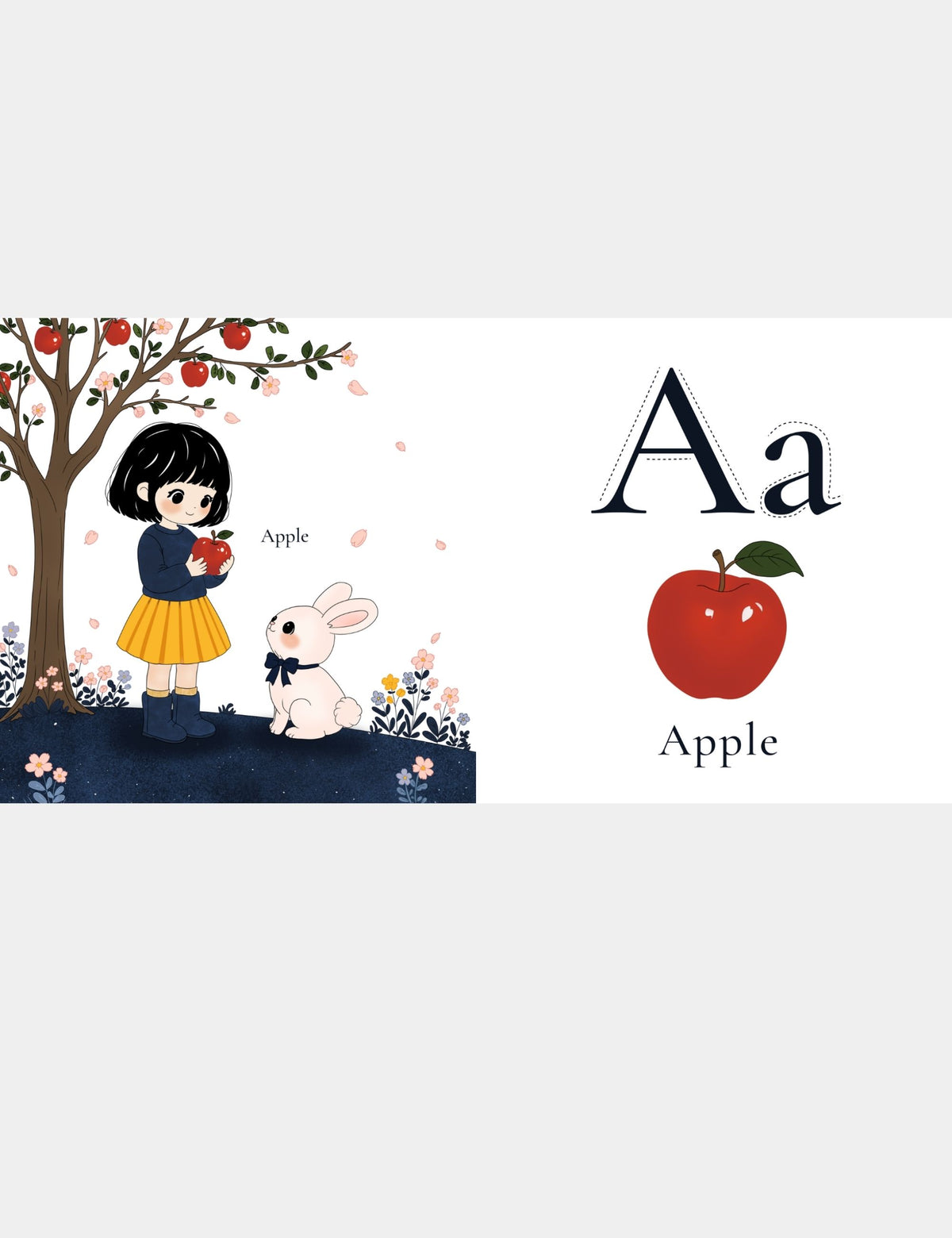 Casey Huang children’s ABC book page teaching A for Apple with Bella the Sunshine Girl holding a red apple beside Bun, plus large uppercase A and lowercase a letters for early alphabet learning.