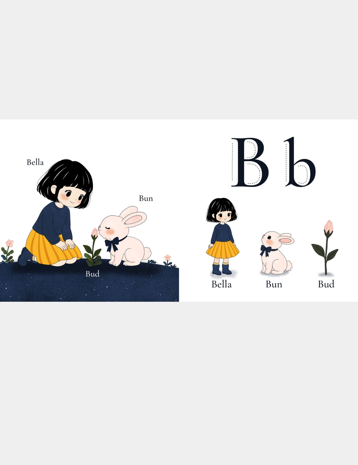 Casey Huang children’s ABC book page teaching the letter B with Bella the Sunshine Girl, Bun the rabbit, and a flower bud, alongside large uppercase B and lowercase b letters for young learners.