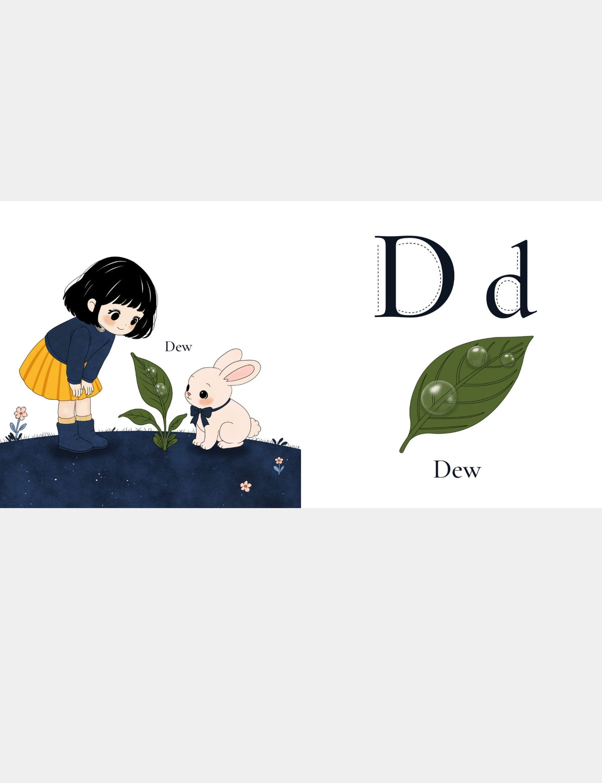 Casey Huang children’s ABC book page teaching D for Dew with Bella the Sunshine Girl and Bun looking at sparkling dew drops on leaves, alongside large uppercase D and lowercase d letters for preschool alphabet and first-word learning.