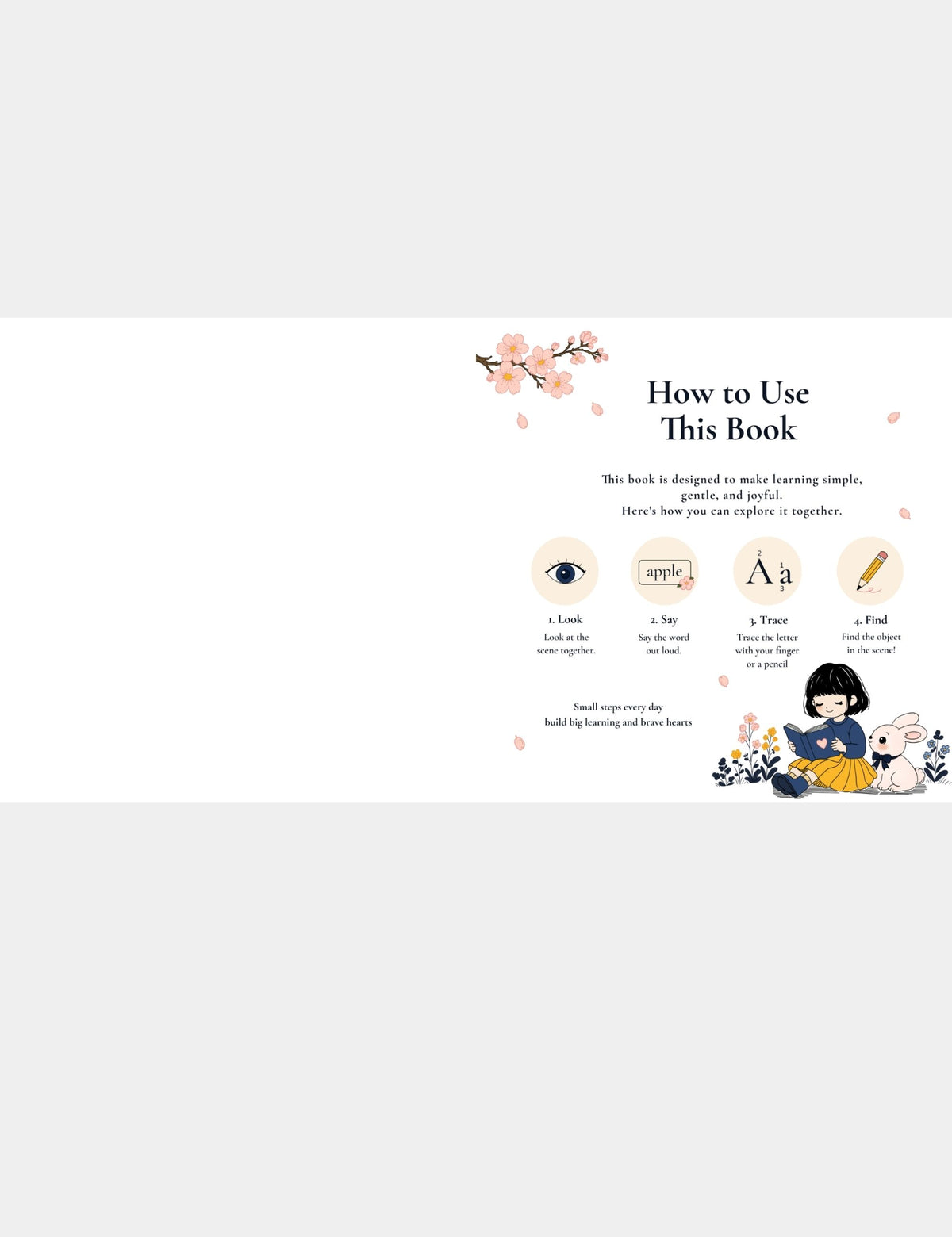 Casey Huang children’s ABC book learning guide featuring Bella the Sunshine Girl and Bun, with easy look, say, trace, and find activities designed to help young children learn letters, words, and vocabulary.