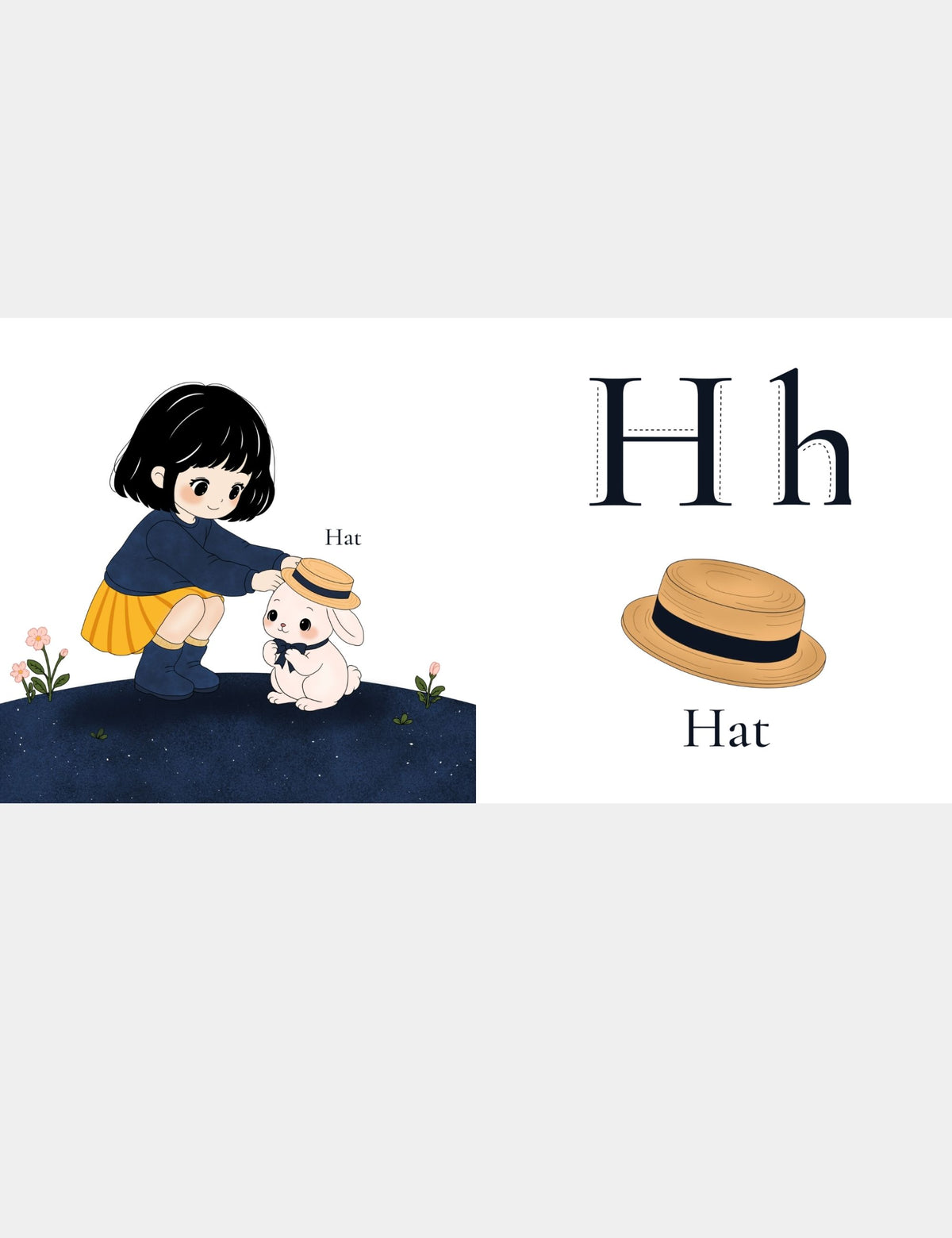 Casey Huang children’s ABC book page teaching H for Hat with Bella the Sunshine Girl placing a straw hat on Bun, alongside large uppercase H and lowercase h letters for preschool alphabet and first-word learning.