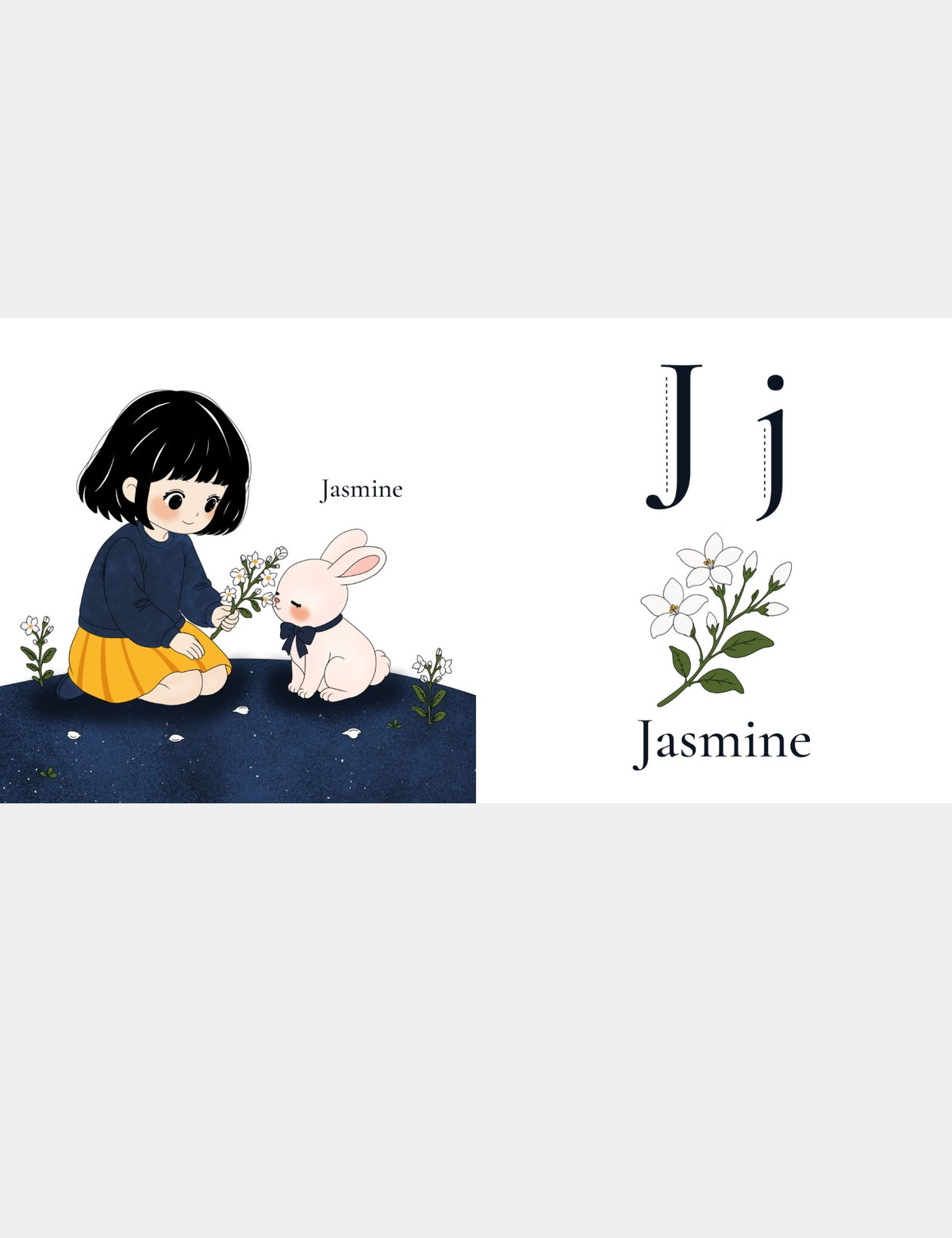 Casey Huang children’s ABC book page teaching J for Jasmine with Bella the Sunshine Girl showing white jasmine flowers to Bun, alongside large uppercase J and lowercase j letters for preschool alphabet and first-word learning.