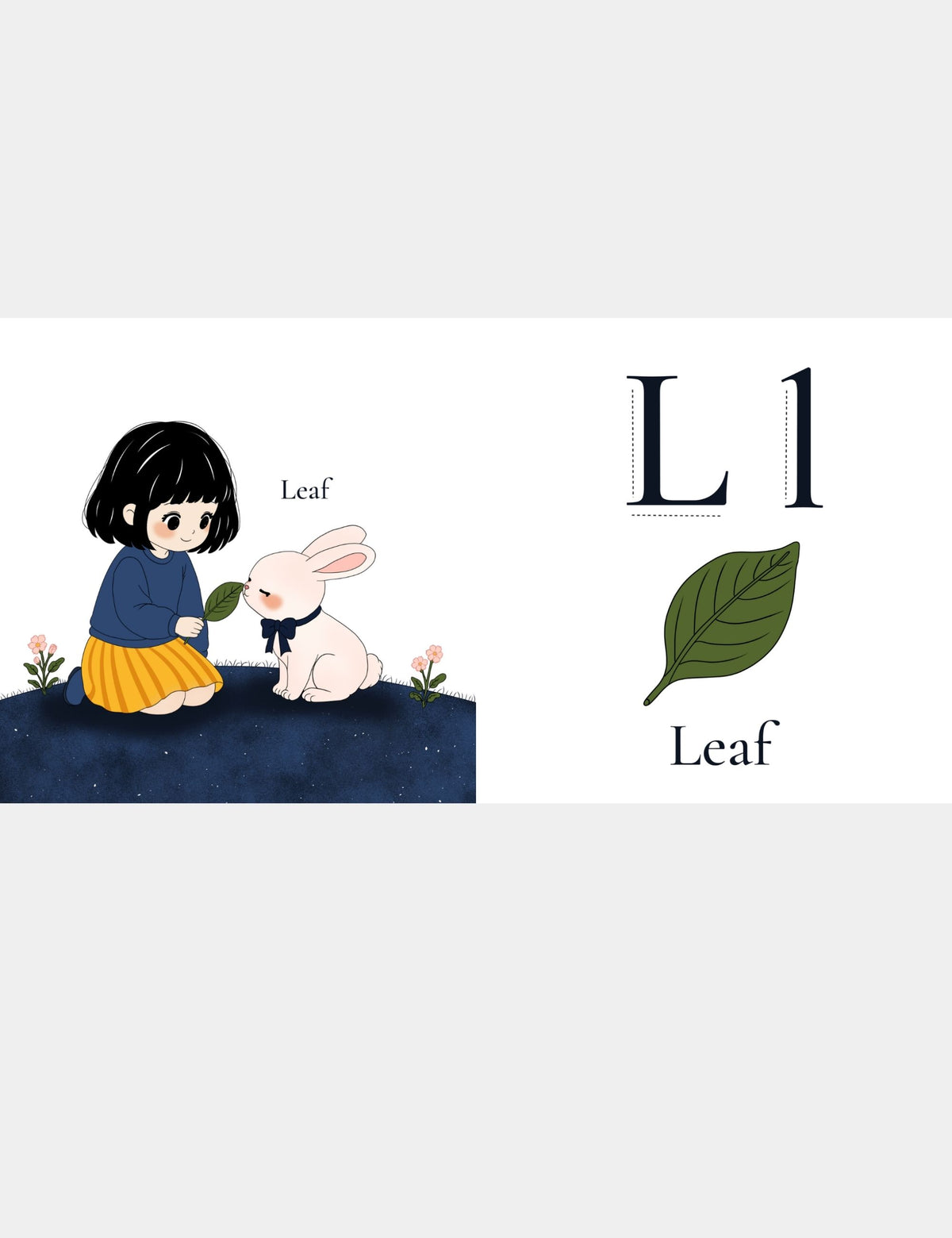 Casey Huang children’s ABC book page teaching L for Leaf with Bella the Sunshine Girl showing a green leaf to Bun, alongside large uppercase L and lowercase l letters for preschool alphabet and first-word learning.