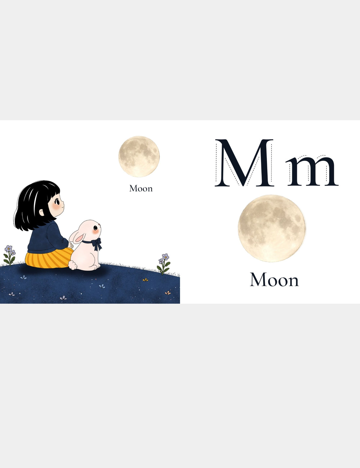 Casey Huang children’s ABC book page teaching M for Moon with Bella the Sunshine Girl and Bun gazing at the moon, alongside large uppercase M and lowercase m letters for preschool alphabet and first-word learning.