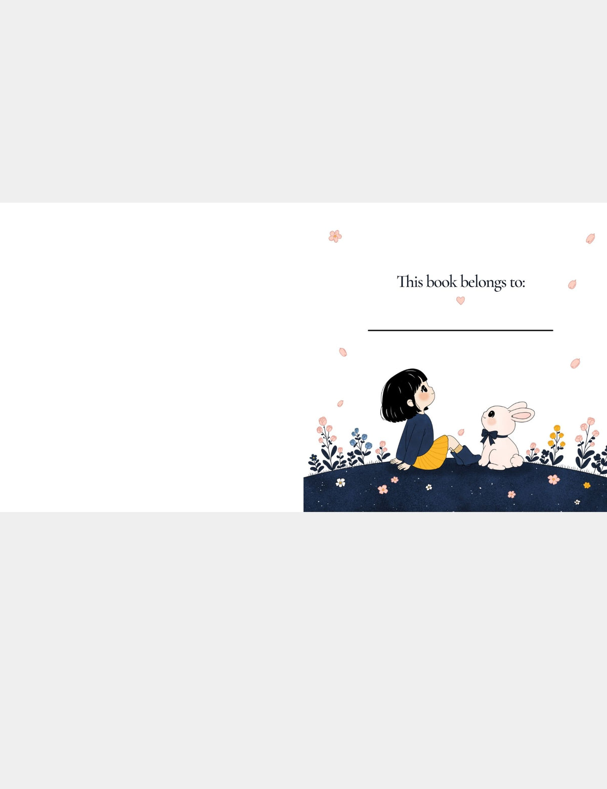 Casey Huang children’s ABC book ownership page featuring Bella the Sunshine Girl and Bun sitting among flowers beneath a This Book Belongs To name line for young readers.