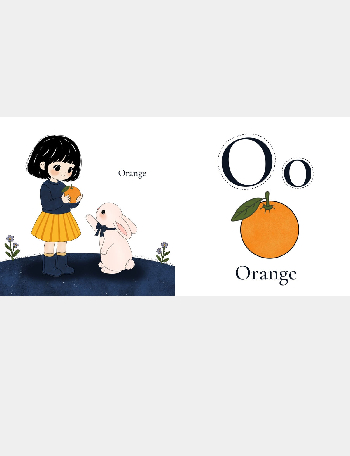 Casey Huang children’s ABC book page teaching O for Orange with Bella the Sunshine Girl holding a bright orange beside Bun, alongside large uppercase O and lowercase o letters for preschool alphabet and first-word learning.