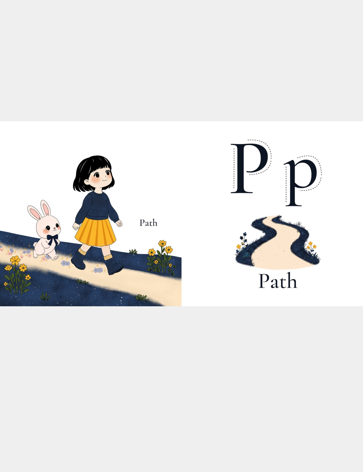 Casey Huang children’s ABC book page teaching P for Path with Bella the Sunshine Girl and Bun walking along a winding flower-lined path, alongside large uppercase P and lowercase p letters for preschool alphabet and first-word learning.