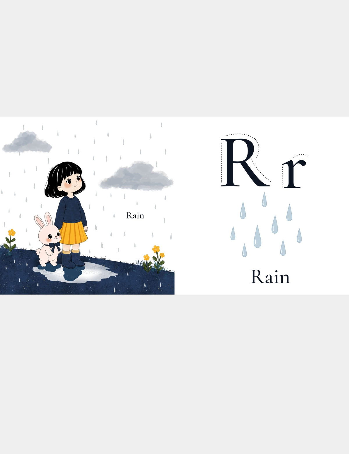 Casey Huang children’s ABC book page teaching R for Rain with Bella the Sunshine Girl and Bun standing beneath soft rain clouds, alongside large uppercase R and lowercase r letters for preschool alphabet and first-word learning.