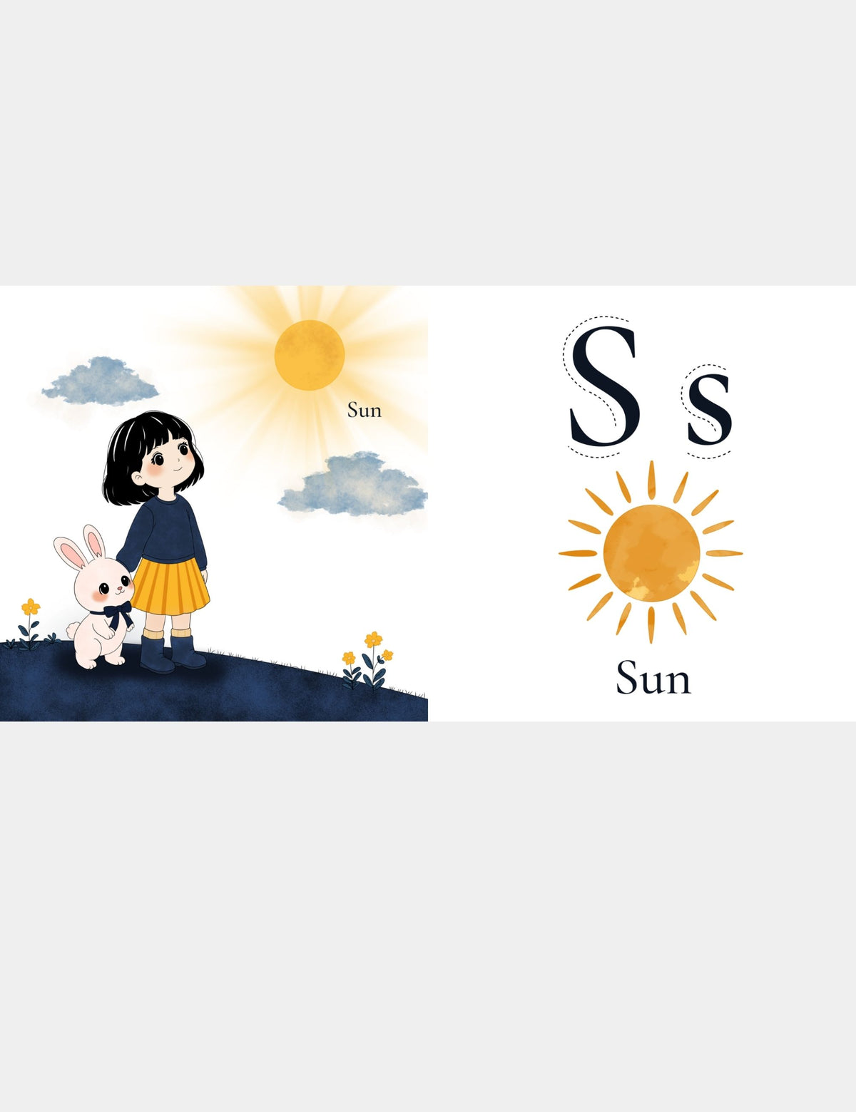 Casey Huang children’s ABC book page teaching S for Sun with Bella the Sunshine Girl and Bun standing beneath a bright yellow sun, alongside large uppercase S and lowercase s letters for preschool alphabet and first-word learning.