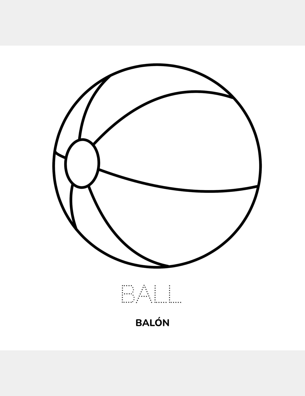 Página educativa para colorear de Bella the Sunshine Girl de Casey Huang con Ball y su traducción al español, Balón.