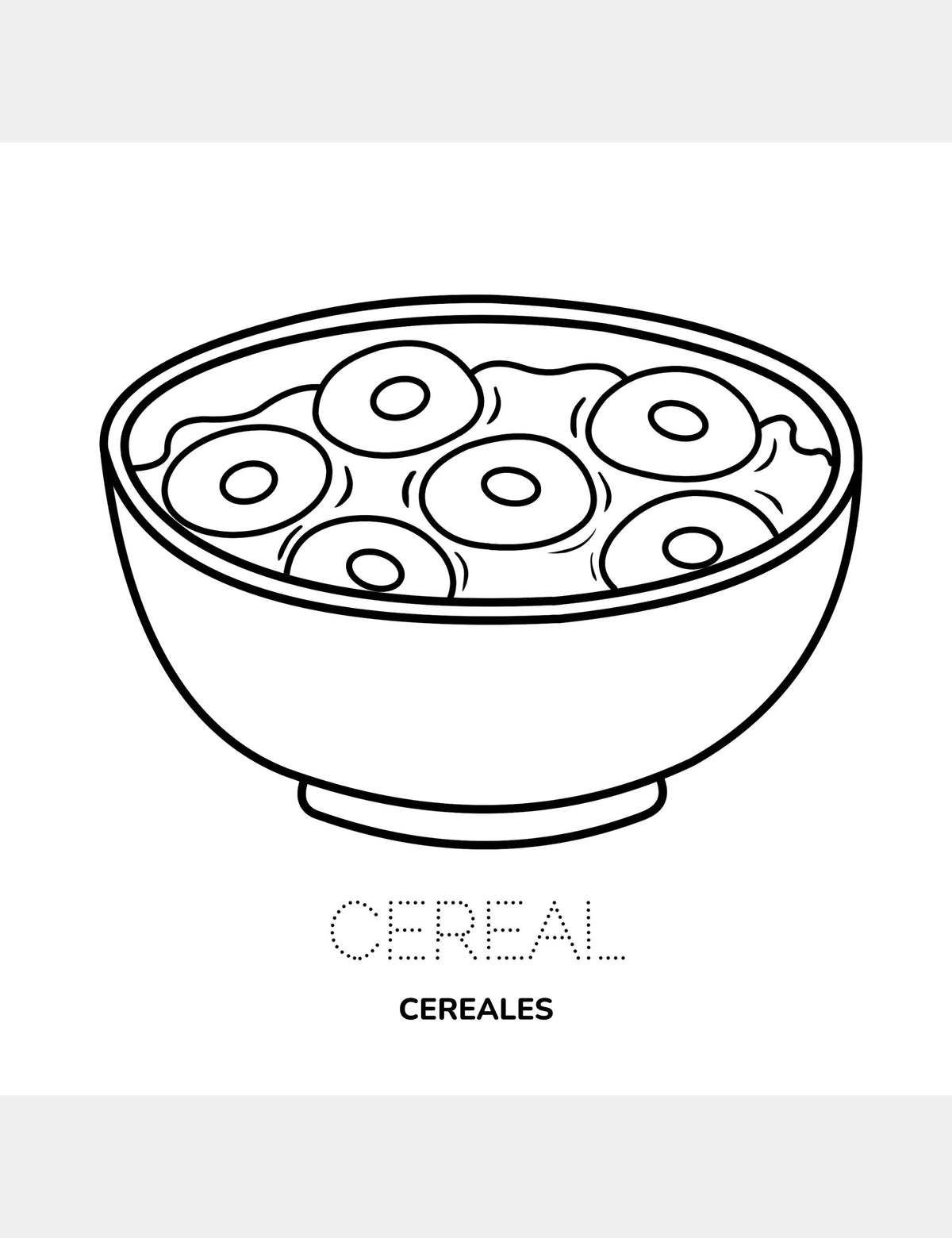 Página educativa para colorear de Bella the Sunshine Girl de Casey Huang con Cereal y su traducción al español, Cereales.