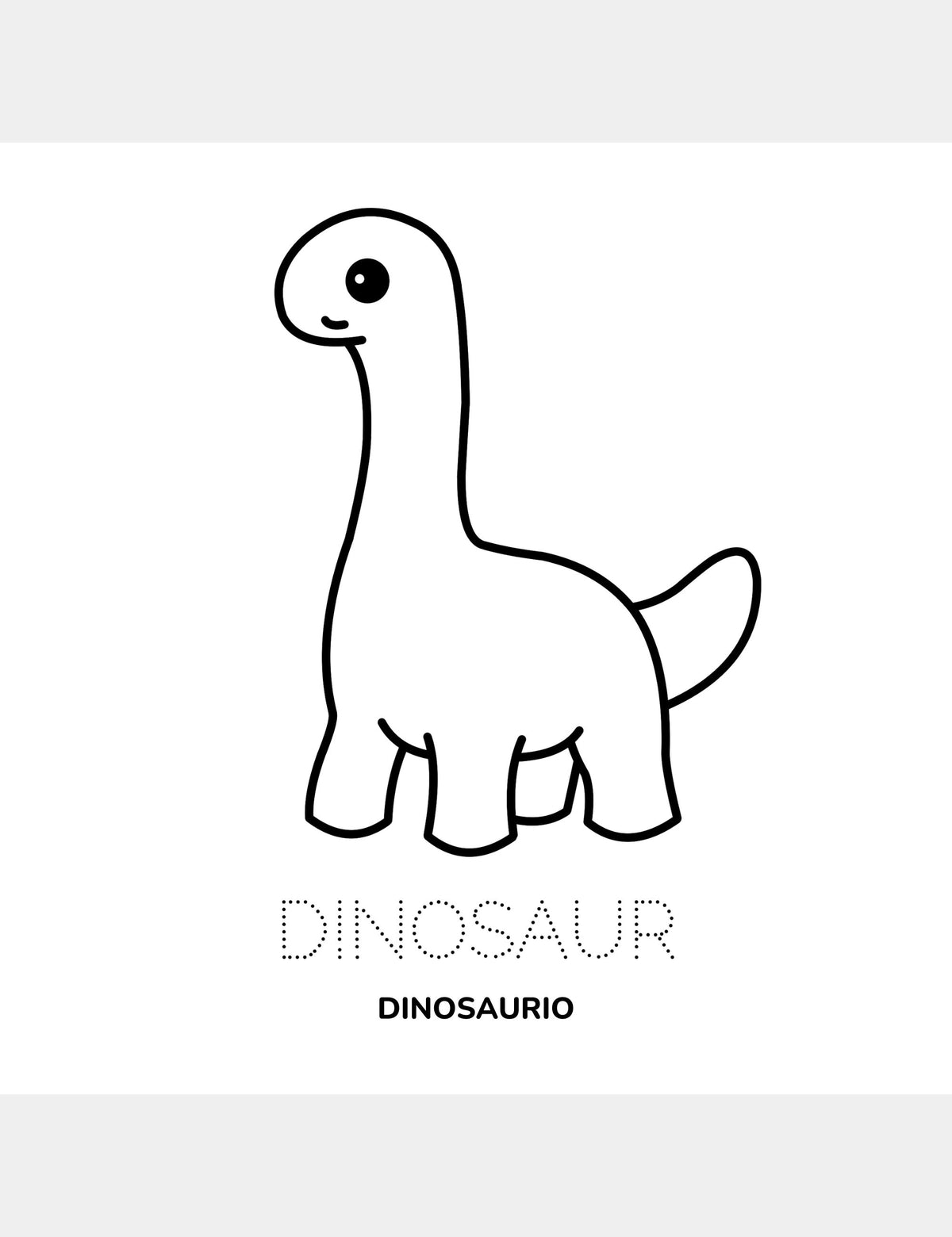 Página educativa para colorear de Bella the Sunshine Girl de Casey Huang con Dinosaur y su traducción al español, Dinosaurio.