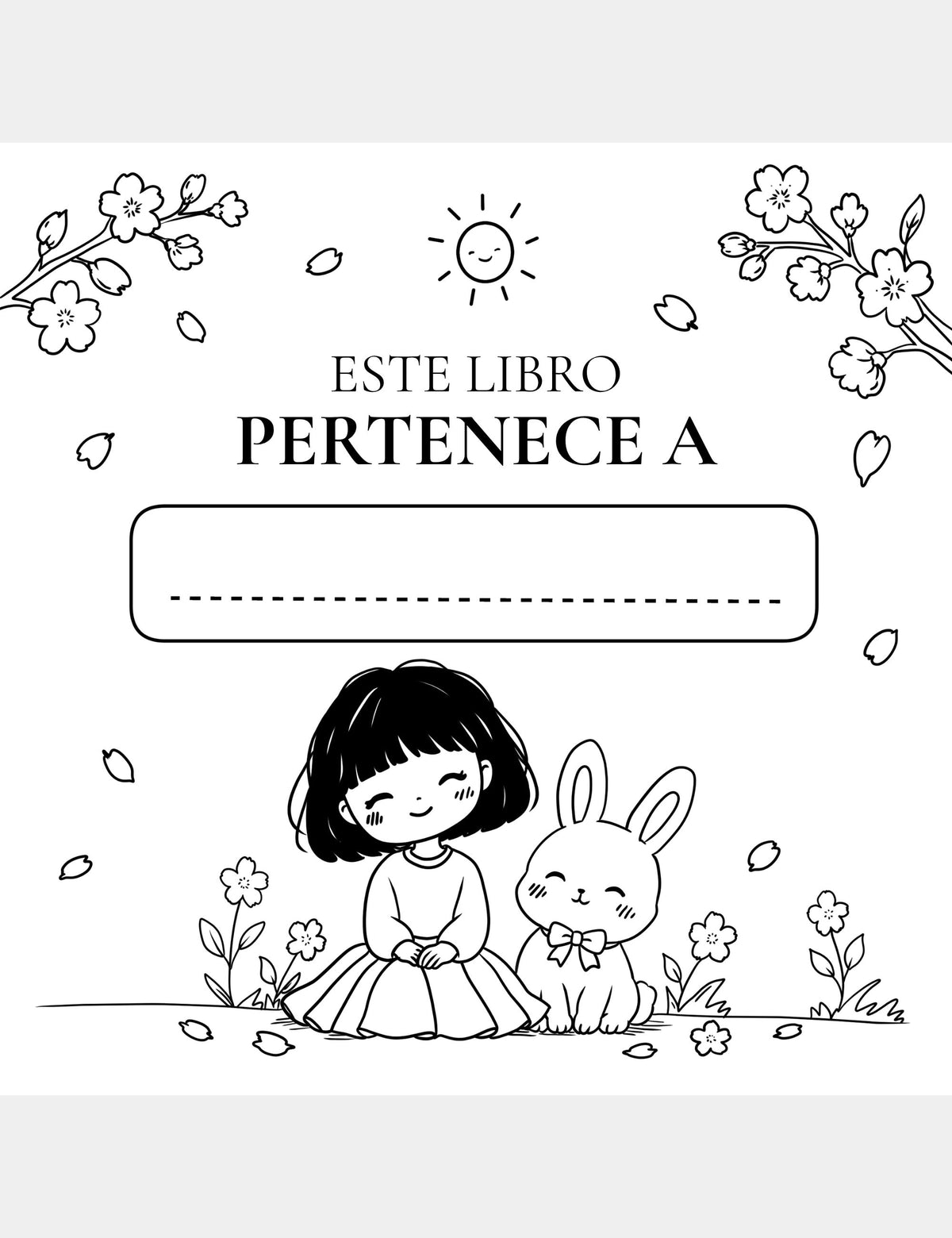 Página Este libro pertenece a del libro para colorear Bella the Sunshine Girl de Casey Huang, con Bella y Bun sonriendo dulcemente.