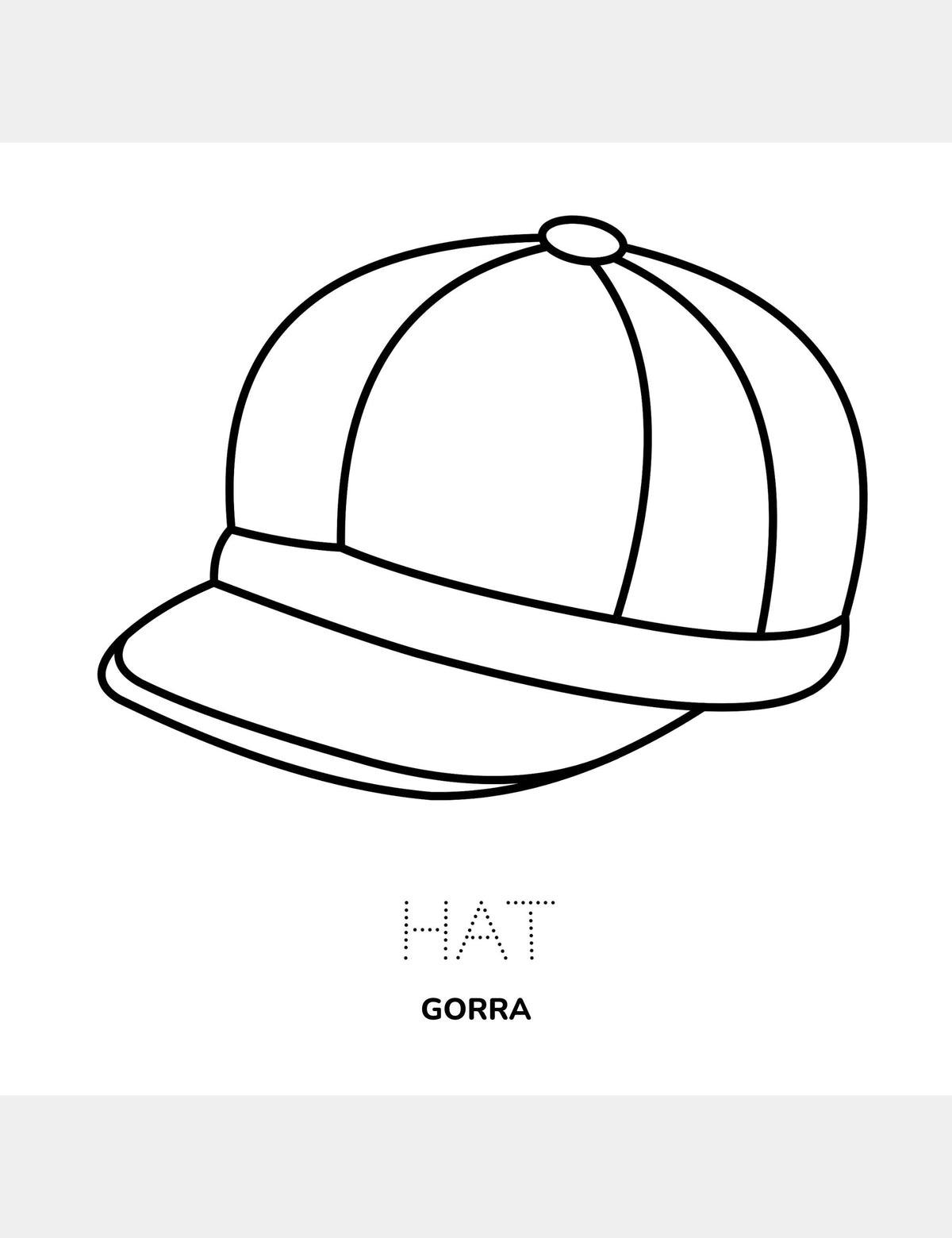 Página educativa para colorear de Bella the Sunshine Girl de Casey Huang con Hat y su traducción al español, Gorra.