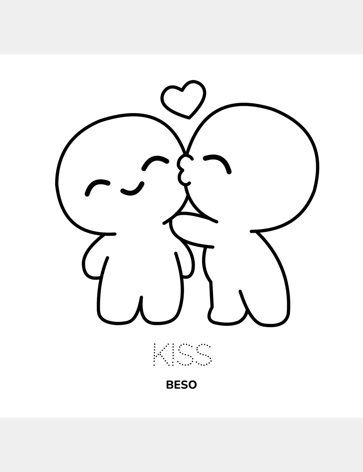 Página educativa para colorear de Bella the Sunshine Girl de Casey Huang con Kiss y su traducción al español, Beso.