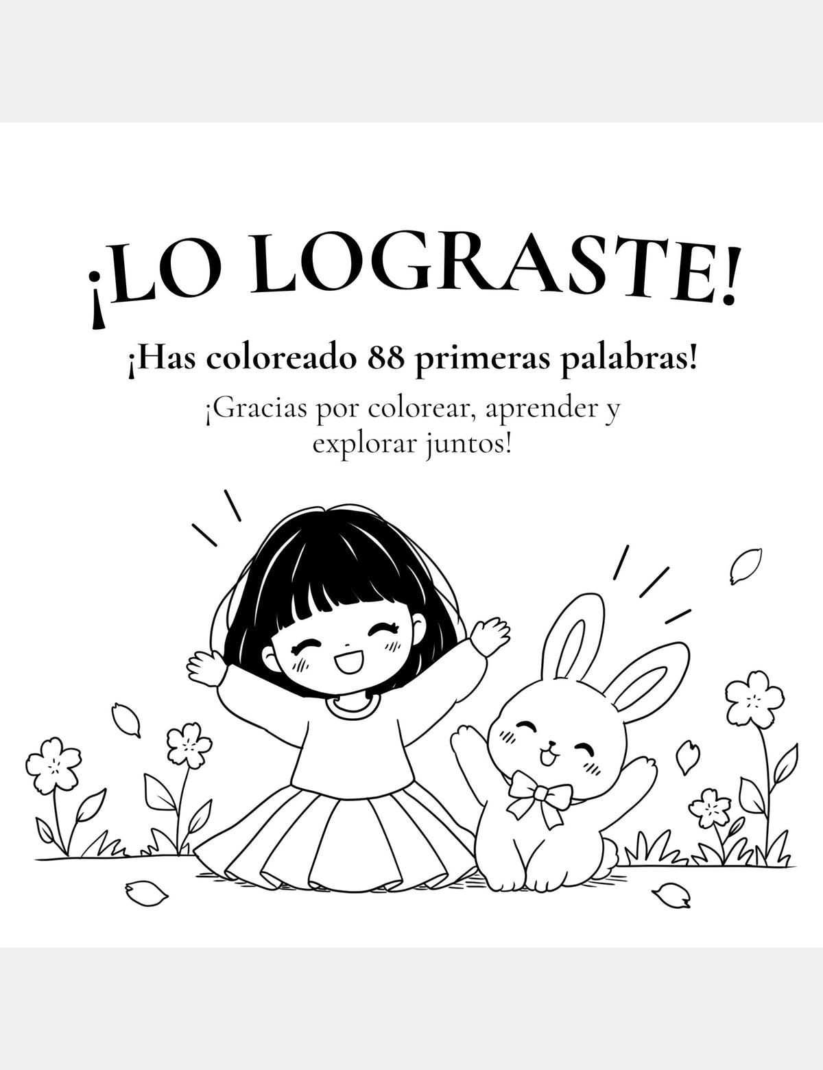 Bella y Bun celebran haber completado 88 primeras palabras en el libro para colorear Bella the Sunshine Girl de Casey Huang.