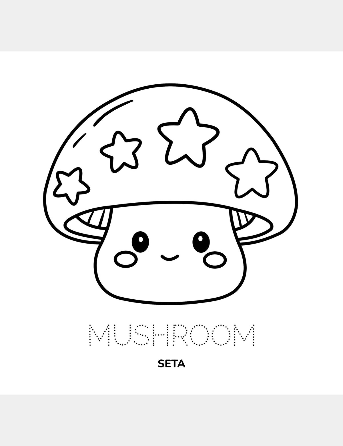 Página educativa para colorear de Bella the Sunshine Girl de Casey Huang con Mushroom y su traducción al español, Seta.