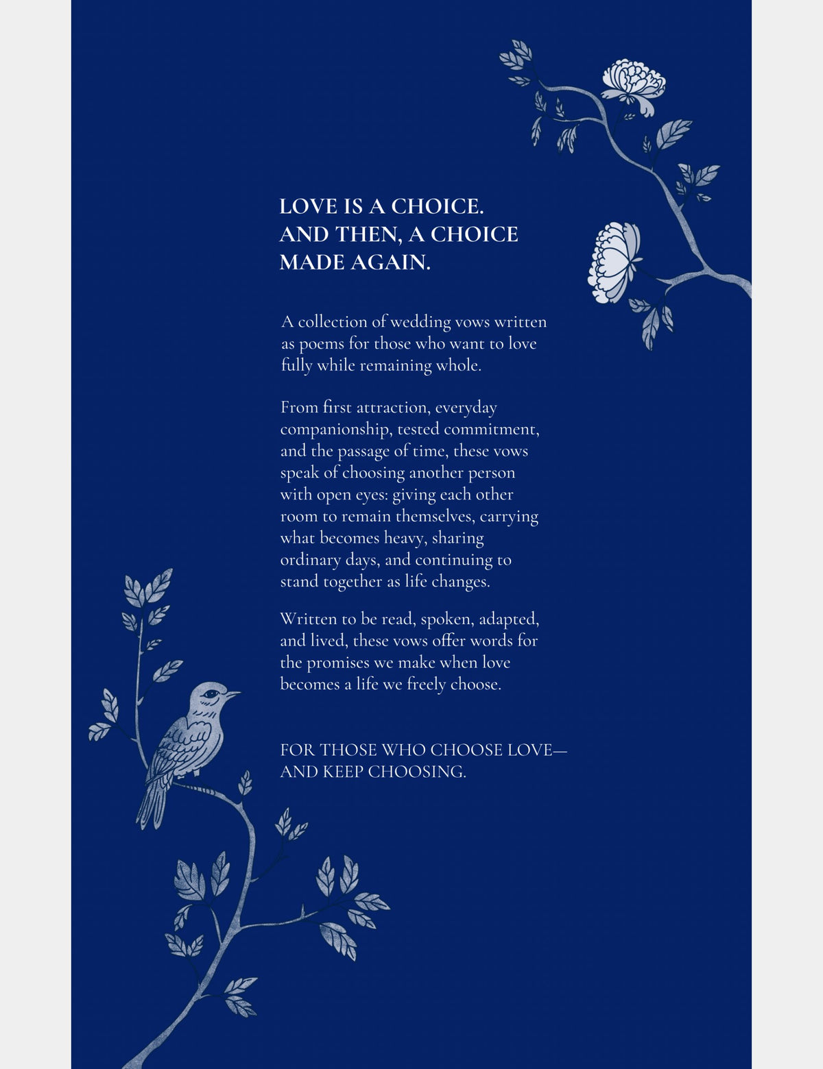 Back cover of Casey Huang’s I Chose You Without Leaving Myself, a wedding poetry collection about love, commitment, and choosing each other while remaining whole.